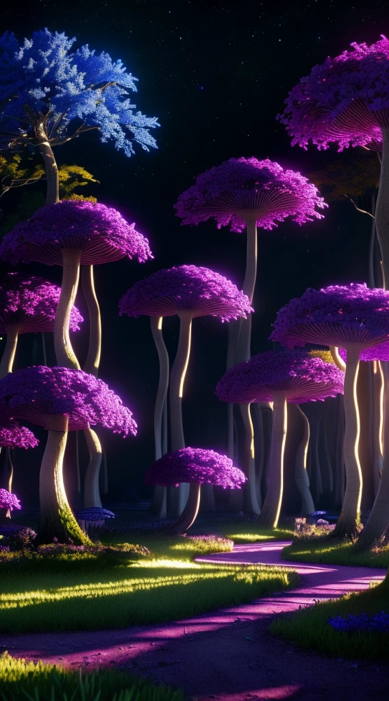 (extremely detailed CG unity 16k wallpaper:1.1), (Denoising strength: 1.45), (tmasterpiece:1.37),,3d photo realistic ray racing tree. Detailed purple and yellow leaves.  Alien landscape, Blue glowing mushroom. Evolving forest isometric blocks