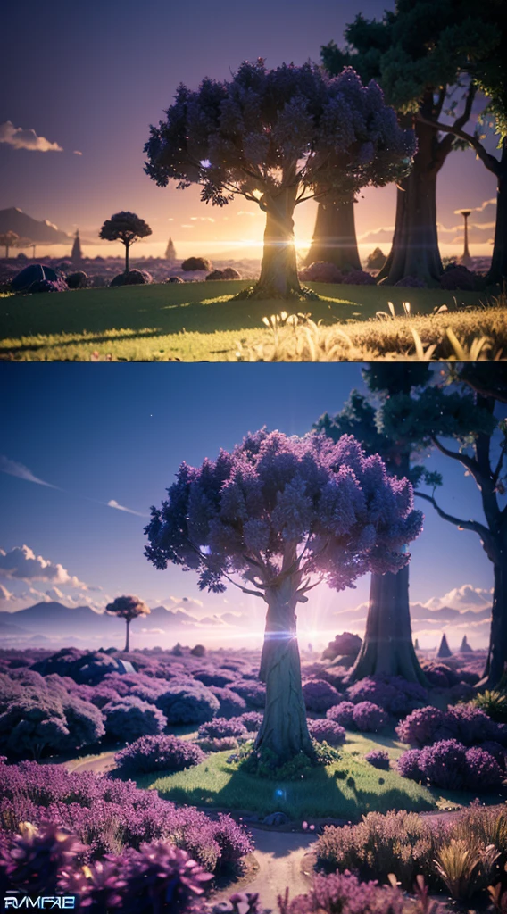 3d photo realistic ray racing tree. Detailed purple and yellow leaves.  Alien landscape, Blue glowing mushroom. Evolving forest isometric blocks,(extremely detailed CG unity 16k wallpaper:1.1), (Denoising strength: 1.45), (tmasterpiece:1.37),