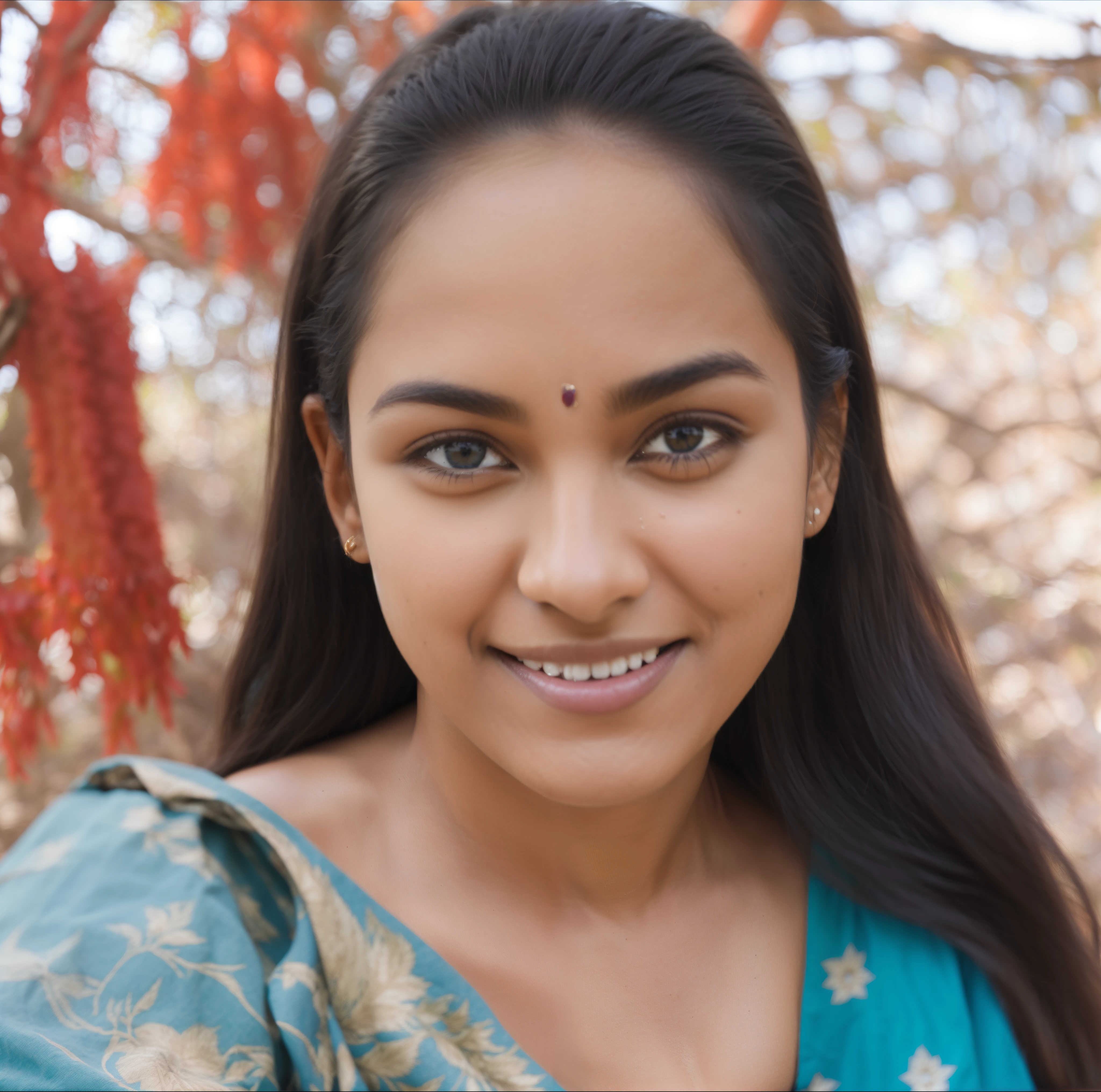 a perfect photo of a pretty indian female model [jeans:black joggers:2] [smirking:grinning:1] while [sitting on a log:standing:1] in the woods, arms out, looking at me, [:short hair:2], [:blue tanktop:1], [:smiling eyes:4]