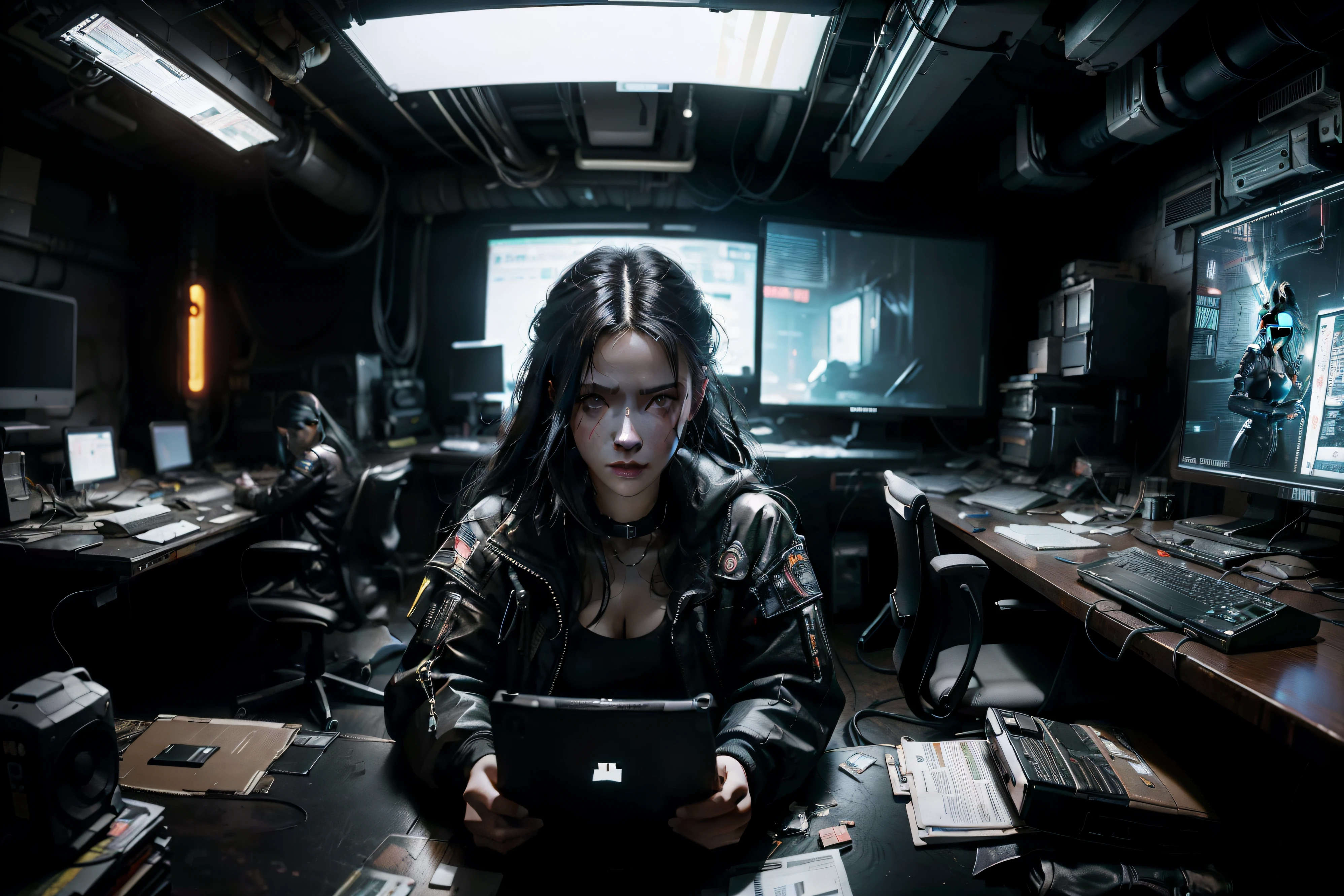 Photo realistic, cinematic, high quality, Cyberpunk girl sitting in front of a computer with many screens, in an abandoned room with cables and pipes, cyberpunk clothing, dark environment, haze, smoke, matrix style, Blade Runner style, Messy room, computers and servers, Cables and pipes, industrial environment, haze.