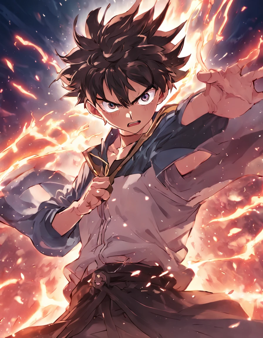 Asta from Black Clover, wielding his powerful anti-magic sword, surrounded by intense spellcasting, showcasing his determination and strength.