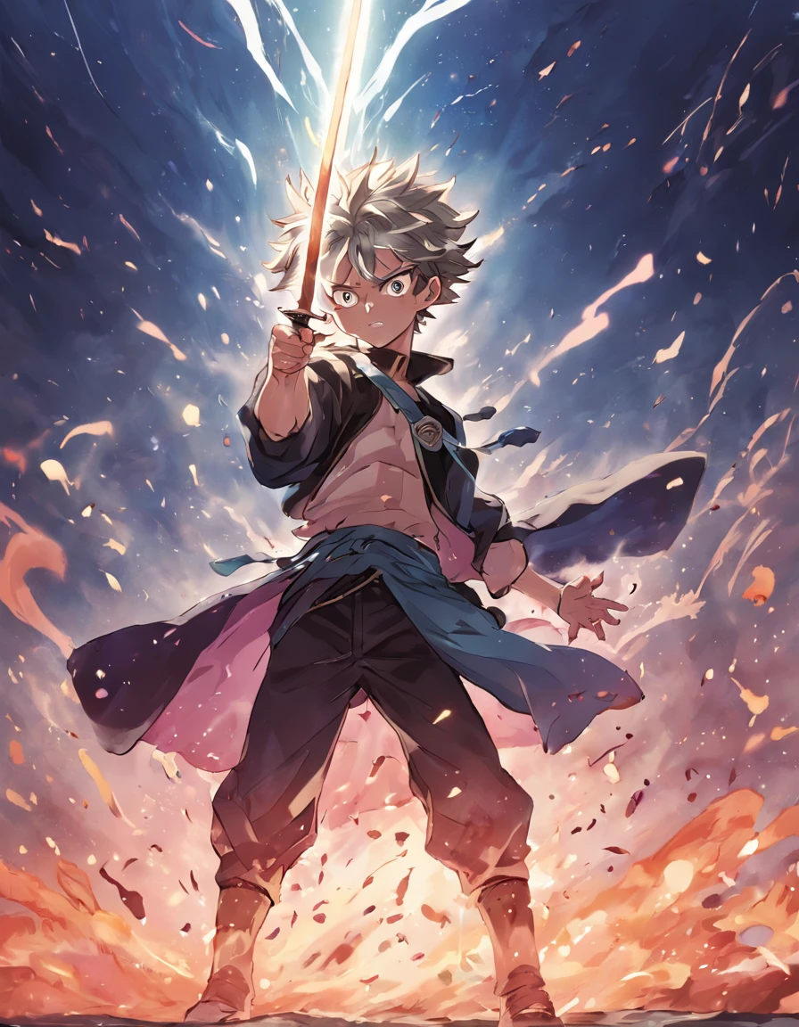Asta from Black Clover, wielding his powerful anti-magic sword, surrounded by intense spellcasting, showcasing his determination and strength.