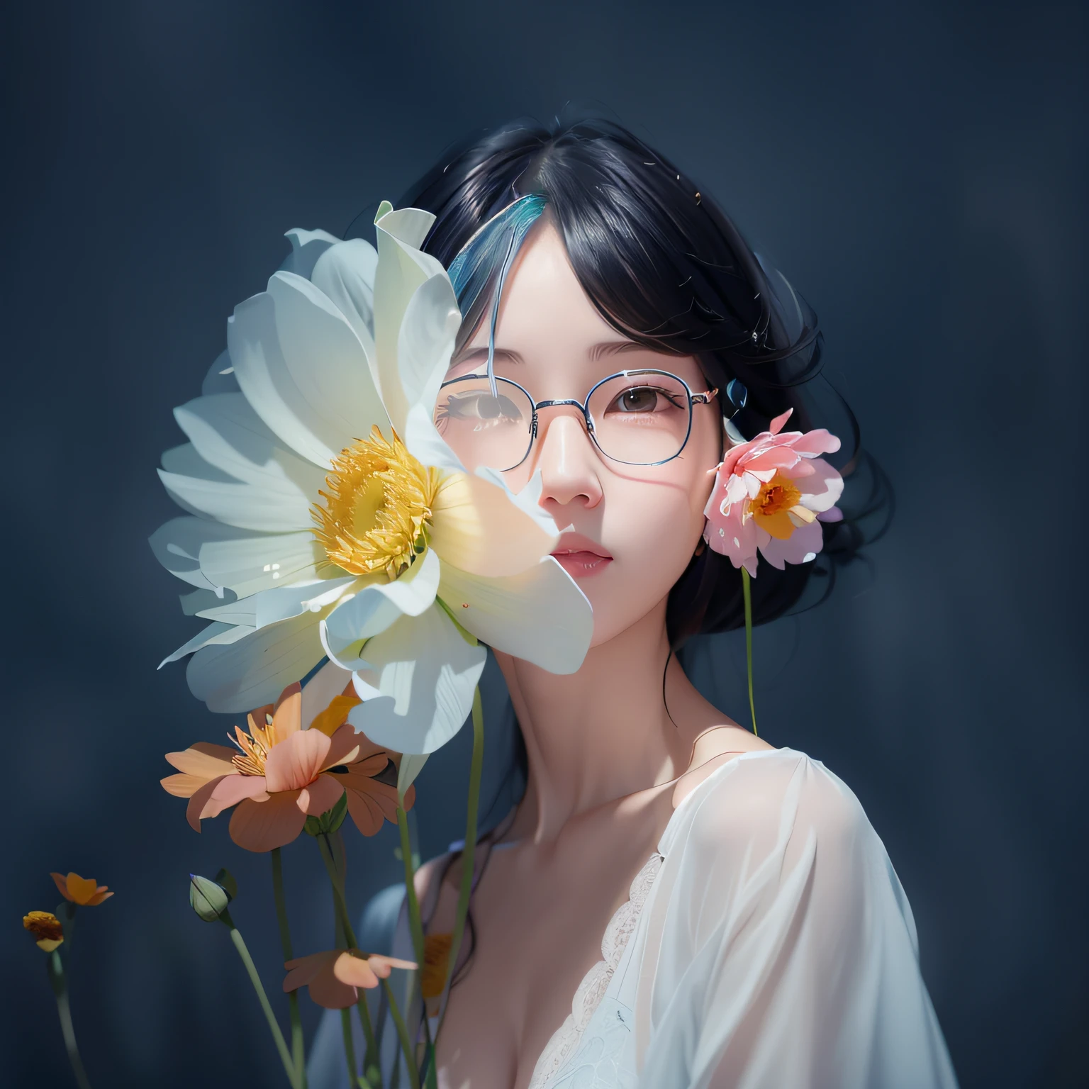 There was a woman with glasses holding a flower in front of her face, inspired by Yanjun Cheng, author:Golden Farmer, girl with a flower face, author:Yu Zheding, Zhang Jingna, with frozen flowers around her, author:Chen Tingfo, author:Xia Yong, By Li Song, girl with a flower head, author:Yan Liben