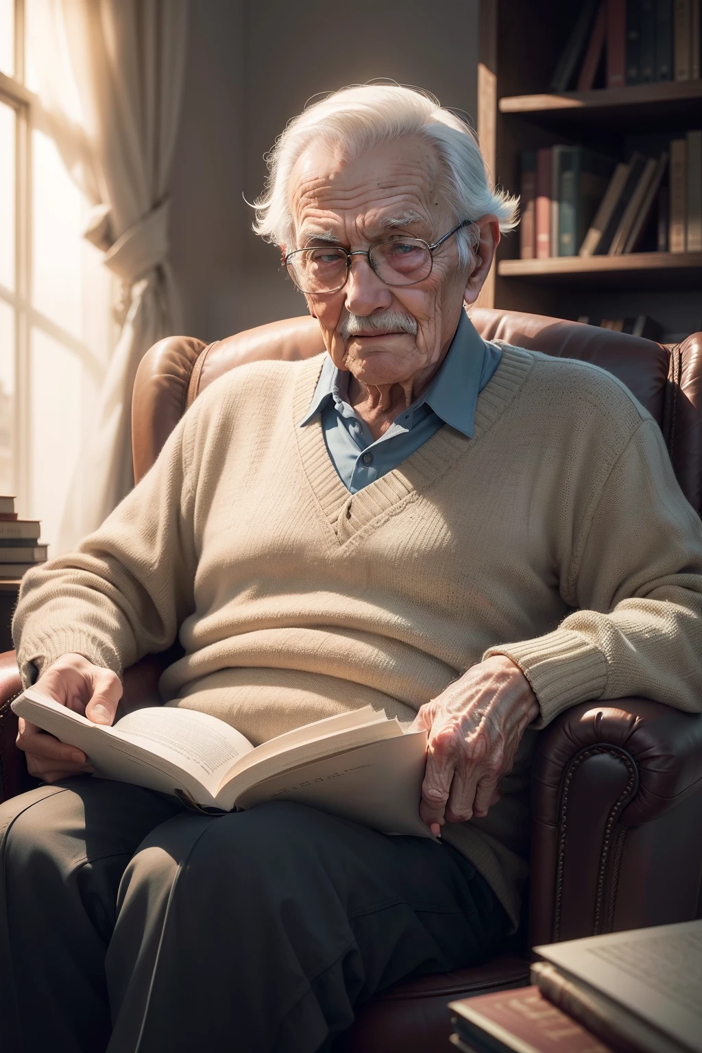 An elderly charismatic man is seated in a plush armchair, surrounded by towering bookshelves filled with volumes. He leans forward, engrossed in recounting a captivating story that captures the attention of all who listen. The room exudes the comforting scent of aged paper, while the man's eyes sparkle with the joy of storytelling. Photo taken by Sebastião Salgado with a Nikon D810 and a prime 85mm lens. The lighting mimics warm studio lighting and ambient daylight, creating a soft and inviting atmosphere. 8K, Ultra-HD, Super-Resolution. --v ５ --q 2