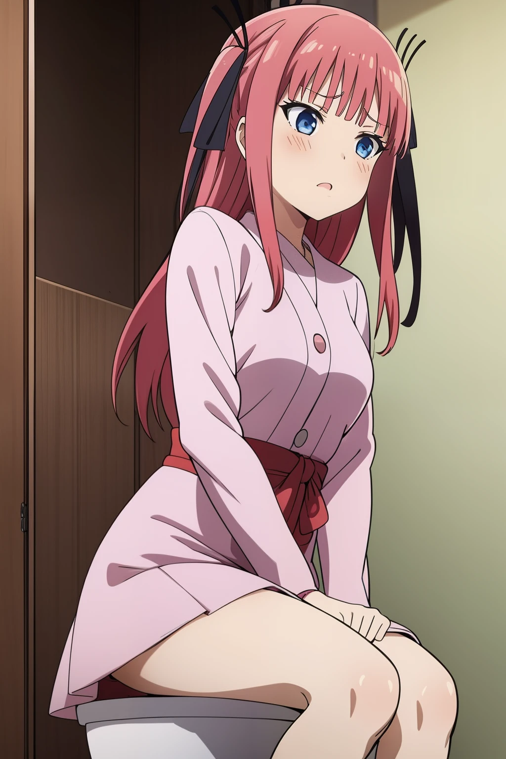 Futano Nakano(The Bride of Fifths)、1girl in, masterpiece、top-quality、NSFW, pissing, vagina, toilet,