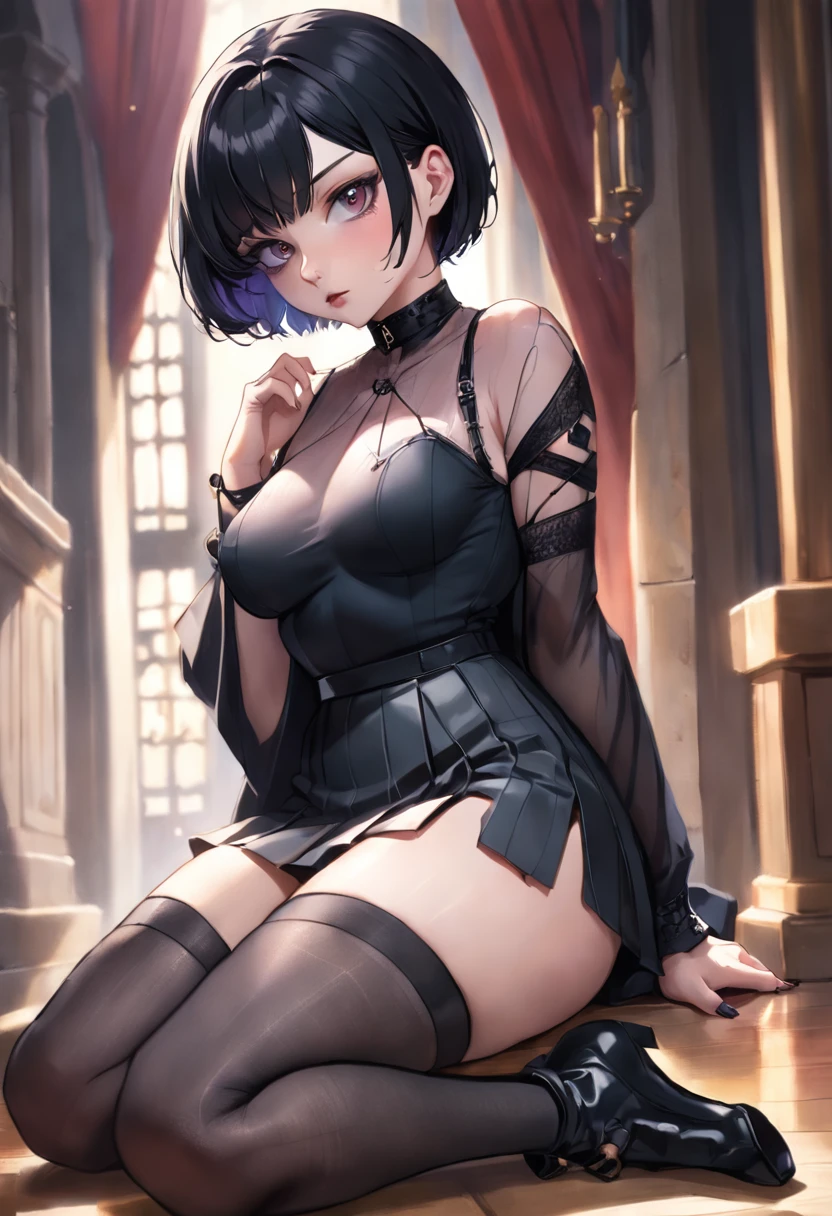 A portrait of an alluring goth girl with short black hair, a small bust, and a curvy figure posing with her finger gently pressed against her lips as she gazes downward. She sits on the floor, her legs partially crossed wearing a short, black pleated skirt that reveals her pale thighs and sheer black thigh-high stockings. Her jet black, pixie-cut hair frames her face. She wears dark purple lipstick that matches her black corset, accentuating her tiny waist and ample hips. A black choker collar sits around her elegant neck. Her eyes are cast downward with alluringly darkened lashes. She exudes a mysterious yet beguiling aura. The lighting accentuates the contours of her curvy, petite posed form and clothing details. The nondescript background keeps the focus on her gesture and outfit. The image is photorealistic with intimate detail.