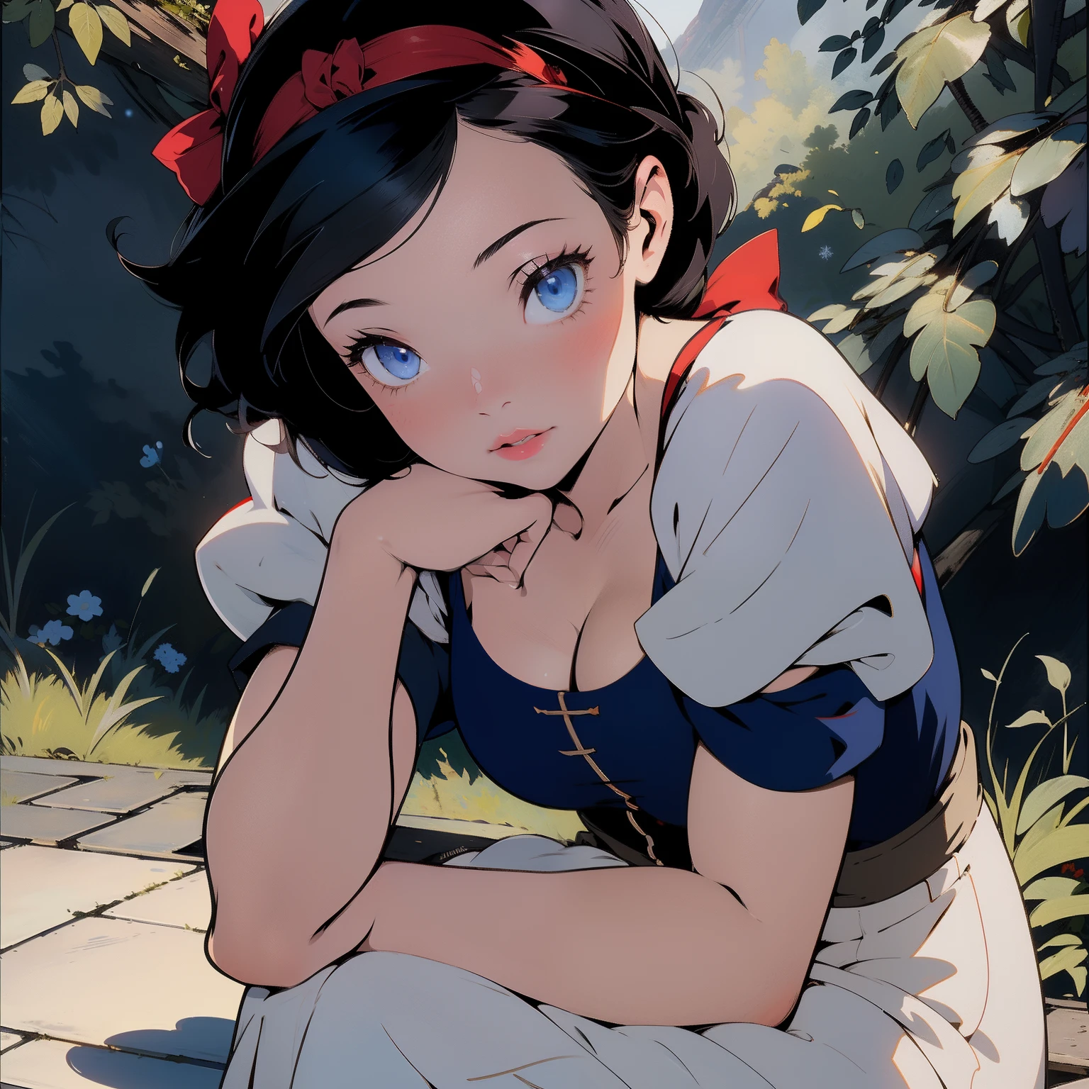 (masterpiece, best quality), beautiful girl,
snow white, lying, (detailed beautiful eyes) medium body shot, short black hair, red ribbon, big breasts, cleveage, white panties, ultra detailed blue eyes,