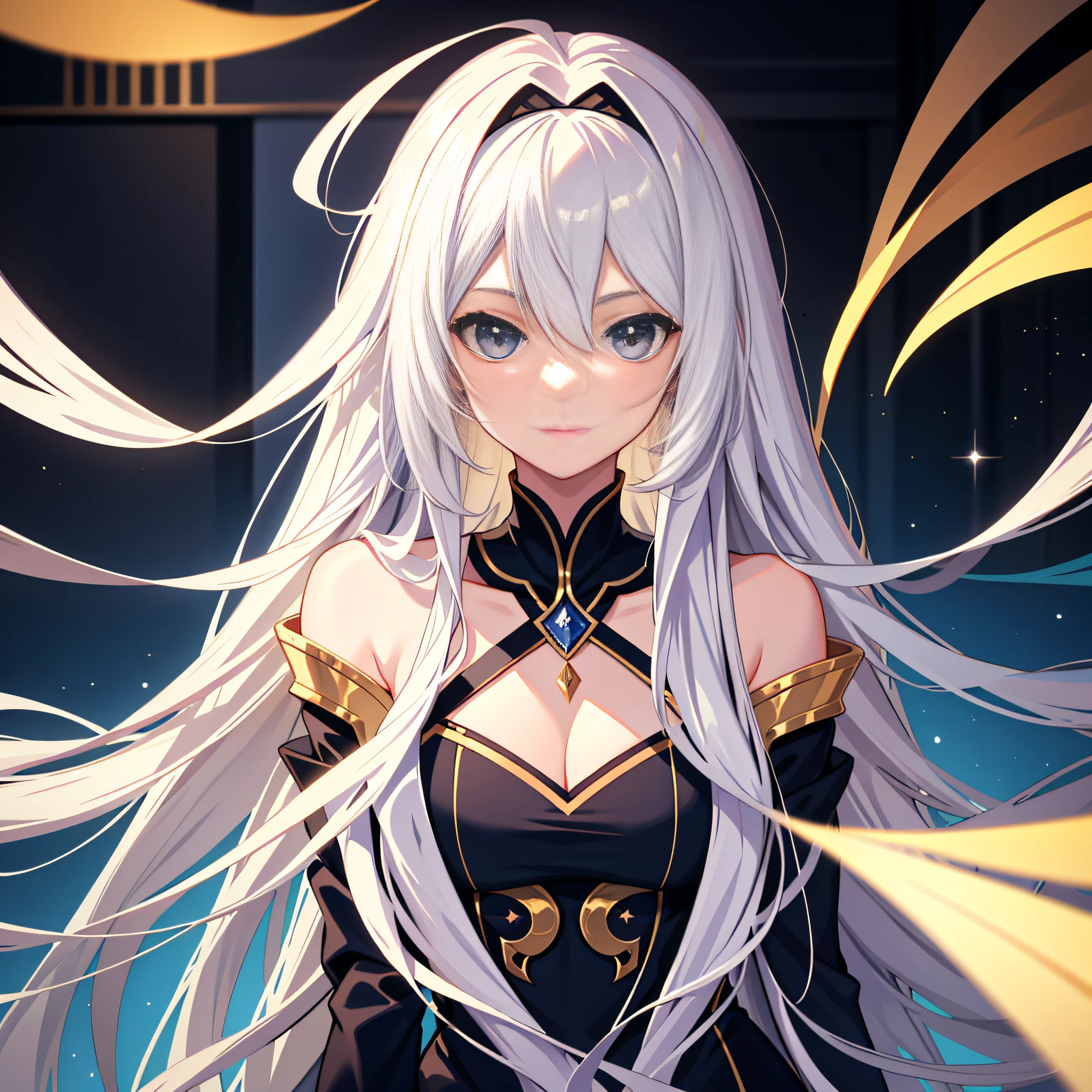 Beautuful Women,quadratic element,style of anime,long whitr hair,largeeyes,head portrait,indoor background,