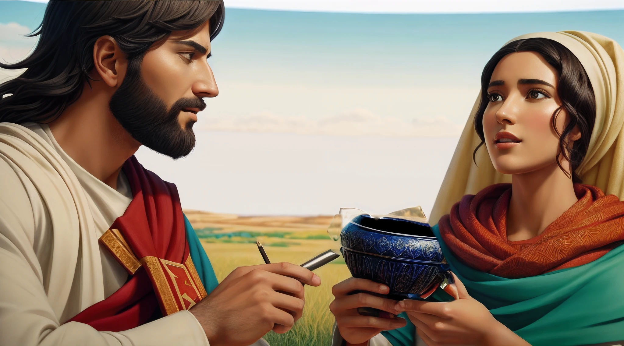 Samaritan woman is holding a vase with water, quando fala com jesus cristo e messias