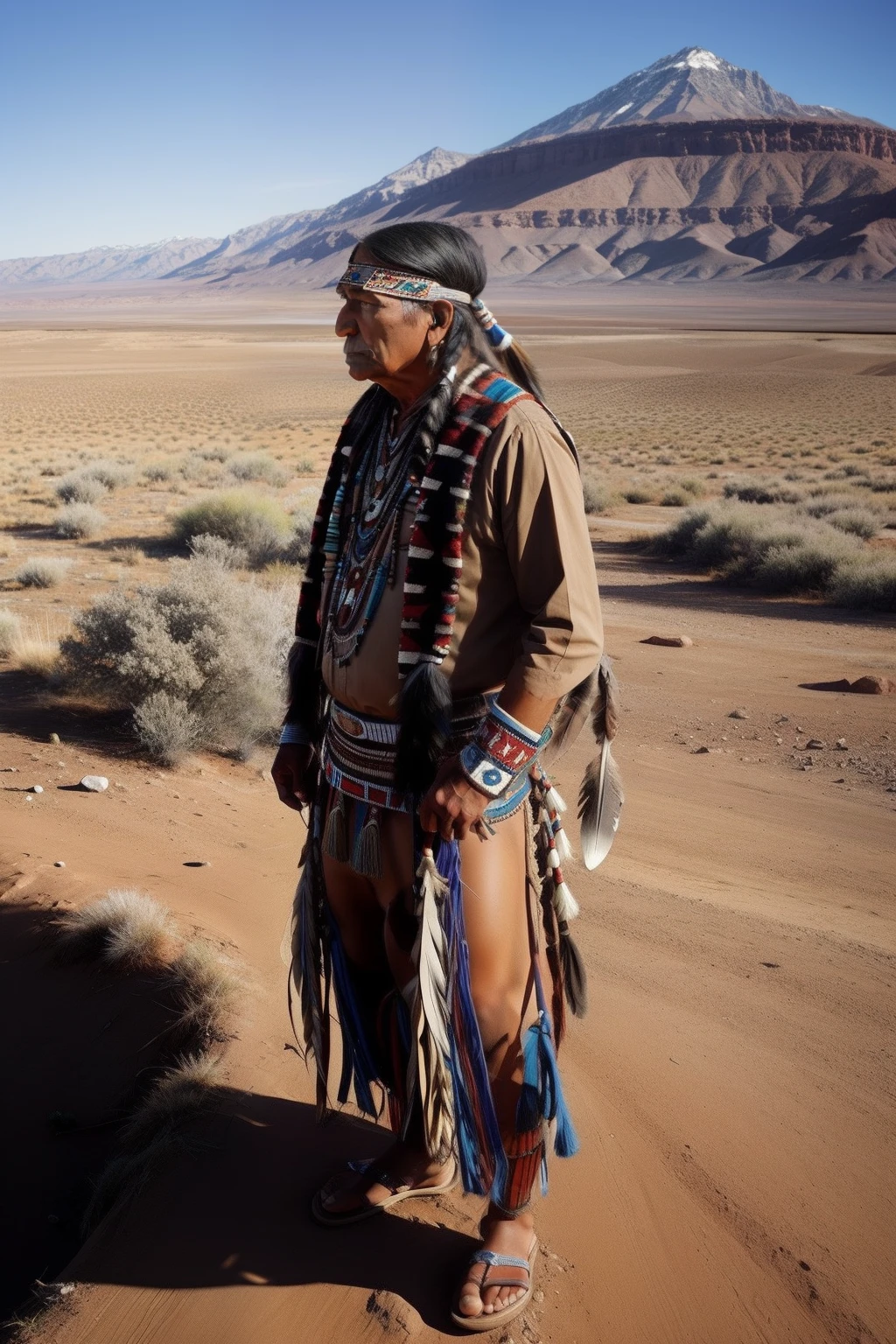 a wise Native American Indian giving advice in different landscapes