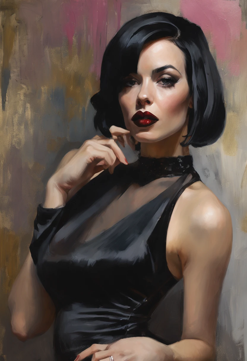 A portrait of an alluring goth girl with short black hair, a small bust, and a curvy figure posing with her finger gently pressed against her lips as she gazes downward. She sits on the floor, her legs partially crossed wearing a short, black pleated skirt that reveals her pale thighs and sheer black thigh-high stockings. Her jet black, pixie-cut hair frames her face. She wears dark purple lipstick that matches her black corset, accentuating her tiny waist and ample hips. A black choker collar sits around her elegant neck. Her eyes are cast downward with alluringly darkened lashes. She exudes a mysterious yet beguiling aura. The lighting accentuates the contours of her curvy, petite posed form and clothing details. The nondescript background keeps the focus on her gesture and outfit. The image is photorealistic with intimate detail.