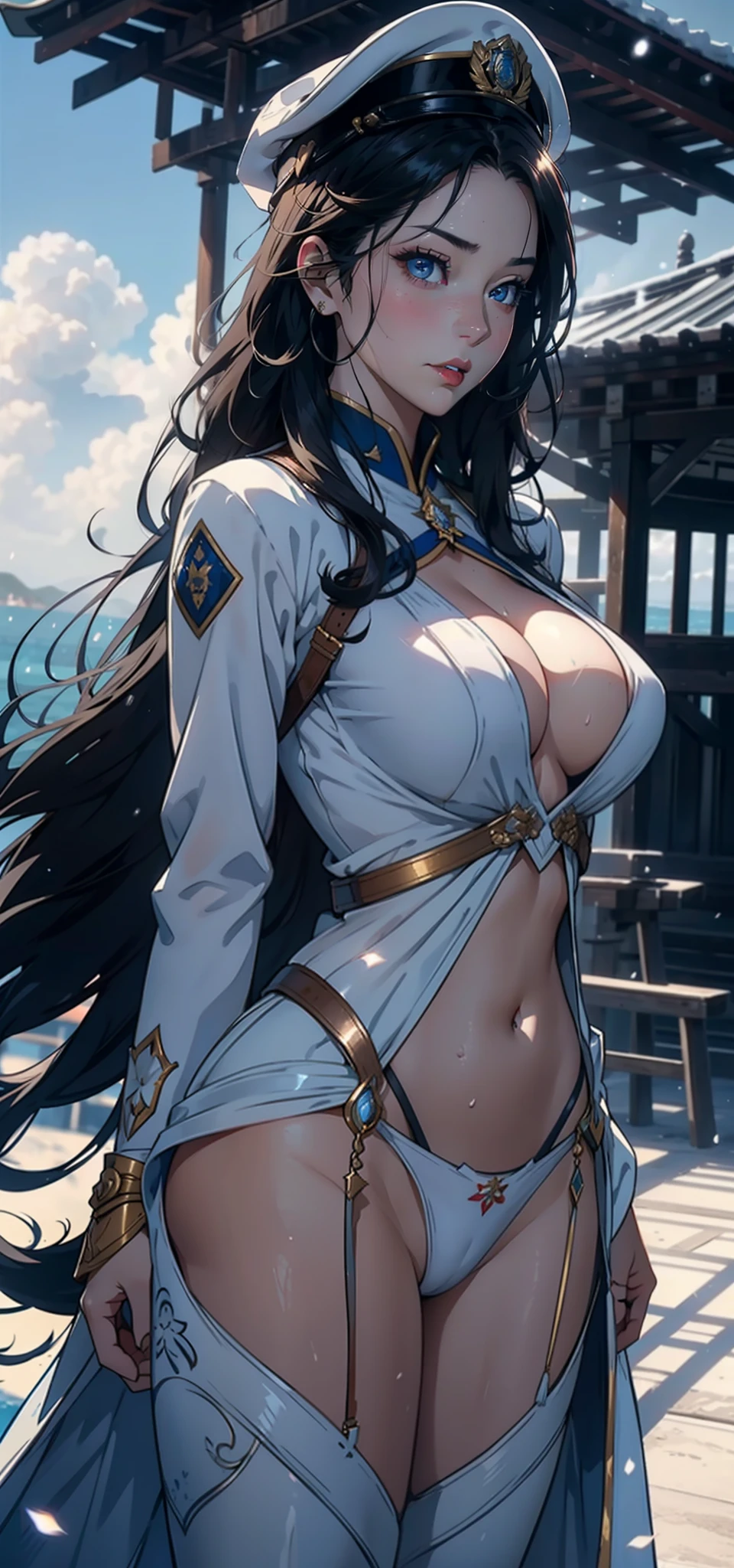 1womanl，33yo，熟妇，Bigchest，Raised sexy，Pornographic exposure， 独奏，Beauty contests，standing on your feet（Background with：the sea，snow mountains，warships，at winter season，Blizzarding，Big snowflakes）On warships， with his long black hair，Long hair flutters in the wind，dynamicposes，Sweat profusely，drenched all over the body，seen from the front， hair straight， mostly cloudy sky，（（（tmasterpiece），（Very detailed CG unity 8K wallpaper），best qualtiy，cinmatic lighting，detailed back ground，beatiful detailed eyes，Bright pupils，（Very fine and beautiful），（Beautiful and detailed eye description），Blue eyes，Redlip，ultra - detailed，tmasterpiece，）），facing at camera，（The upper part of the body），A high resolution，ultra - detailed），revealing breasts，Bare genitalia，  Bulge，legs are open，sexyposture，Camel toes，Flushed complexion，Open-mouthed，frontage，American officers，Officer's cap，elementary student（Wearing：White cloak，down jacket，White winter officer uniform，Sexy leggings，Armour，Gold wire embroidery，Snowflake decoration）