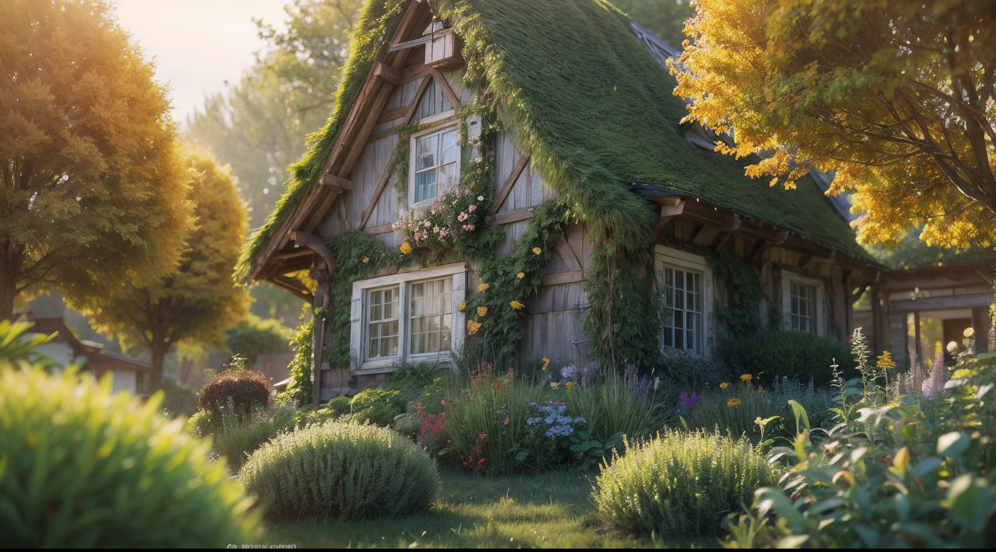 Photo taken from a computer in a house in the field, 4K highly detailed digital art, fantasy house, realistic fantasy render, 4k detailed digital art, in the art style of Filip Hodas, 3d render beeple, Home background, beautiful render of a fairytale, fantasy matte painting,Cute, Overgrown planet
