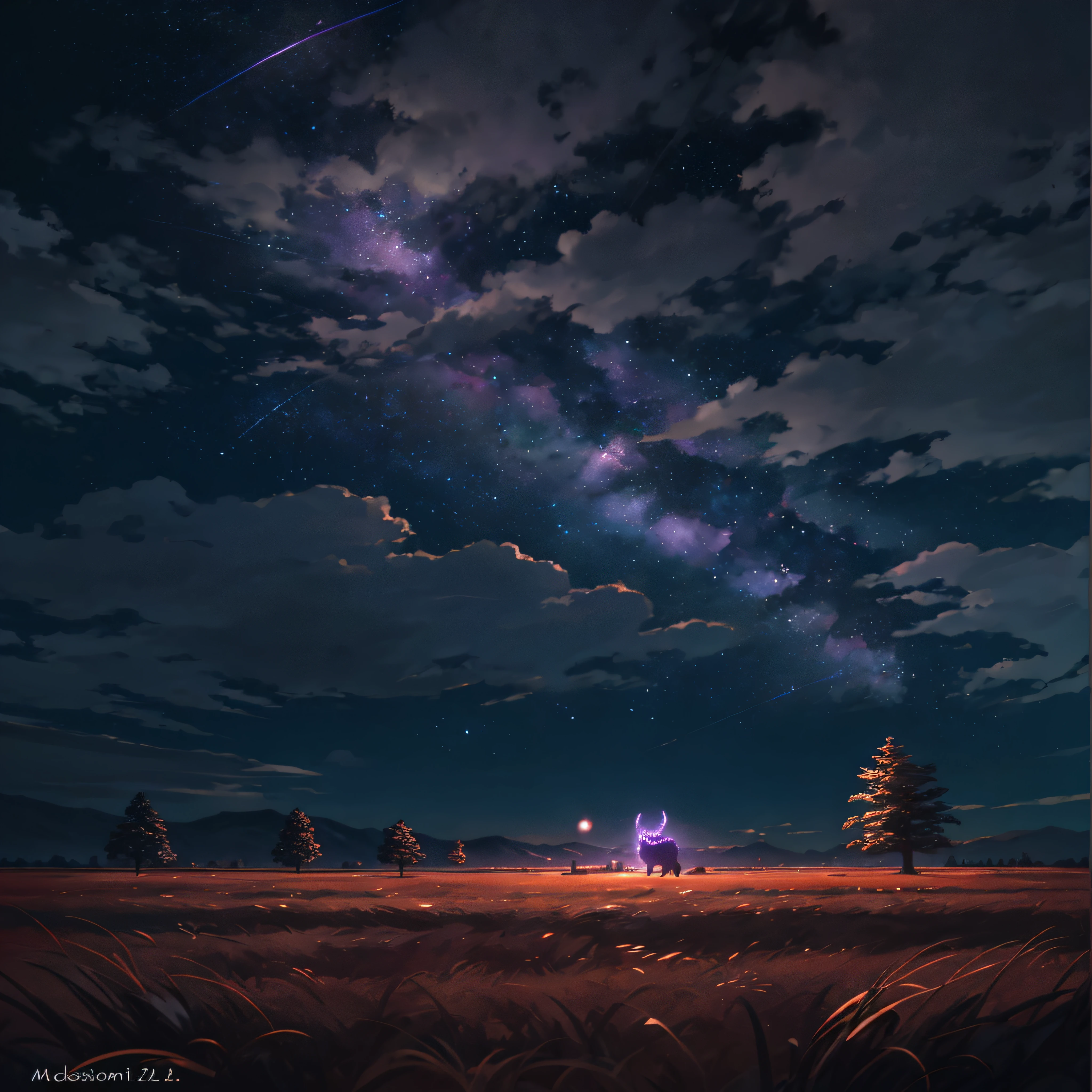 A wide landscape photo, (viewed from below, the sky is above, and the open field is below), a wolf sitting on grass field looking up, (full moon: 1.2), (meteor: 0.9), (nebula: 1.3), distant mountains , Trees BREAK Crafting Art, (Warm Light: 1.2), (Firefly: 1.2), Lights, Lots of Purple and Orange, Intricate Details, Volumetric Lighting BREAK (Masterpiece: 1.2), (Best Quality), 4k, Ultra Detailed, (Dynamic Composition: 1.4), Rich in Detail and Color, (Rainbow Color: 1.2), (Glow, Atmospheric Lighting), Dreamy, Magical, (Solo: 1.2)