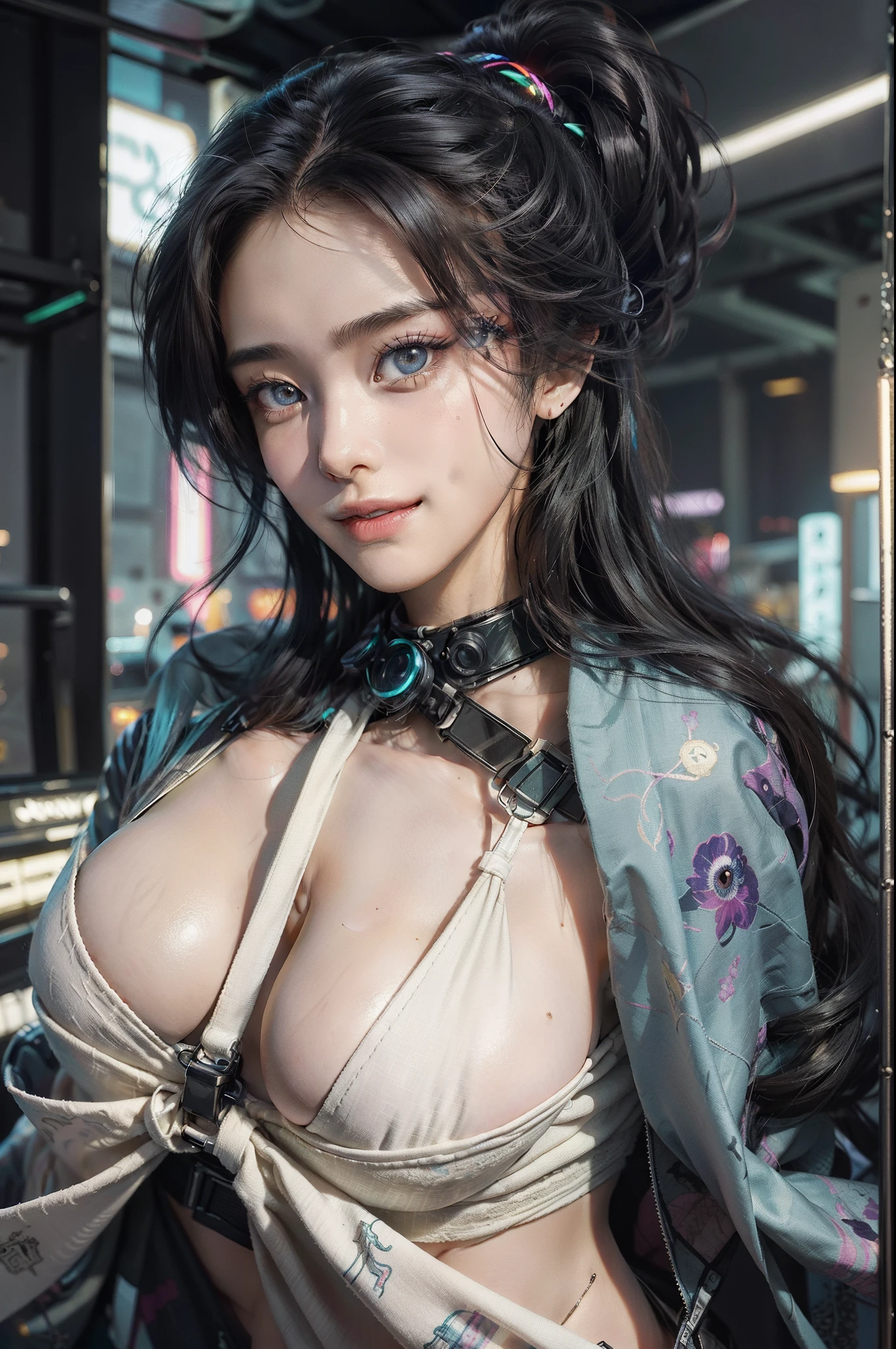 Masterpiece, Best quality, 2 ((Smiling)) Cyberpunk girls stand together, Harajuku style cyberpunk body harness, Bold colors and patterns, Eye-catching accessories, Trendy and innovative hairstyle, Dazzling cyberpunk cityscape, skyscrapper, Neon signs, LED lights, Bright and vivid color scheme, anime big breast, illustration, Detailed skin texture, Detailed cloth texture, Beautiful detailed face, Intricate details, Ultra detailed, Cinematic lighting, Dark shadows,(realisticlying:1.4)((Thoracic beak,Chest protrusion,Raised clothes))((with her mouth open))Open yours,nedium breasts,(((Inside the mansion))),(Naked of breast:1.4)((gigantic cleavage breasts))