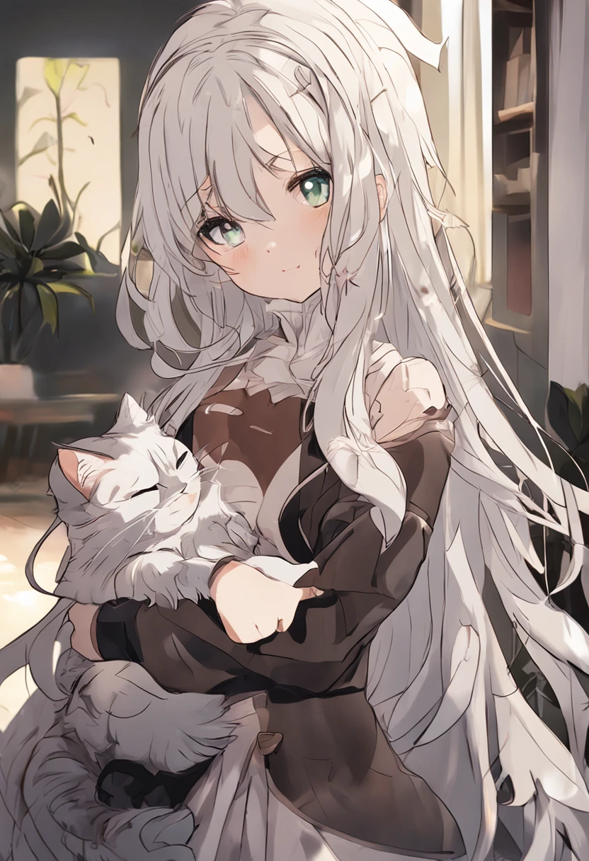 Beautuful Women，quadratic element，style of anime，long whitr hair，largeeyes，head portrait，holding cat，inside in room，