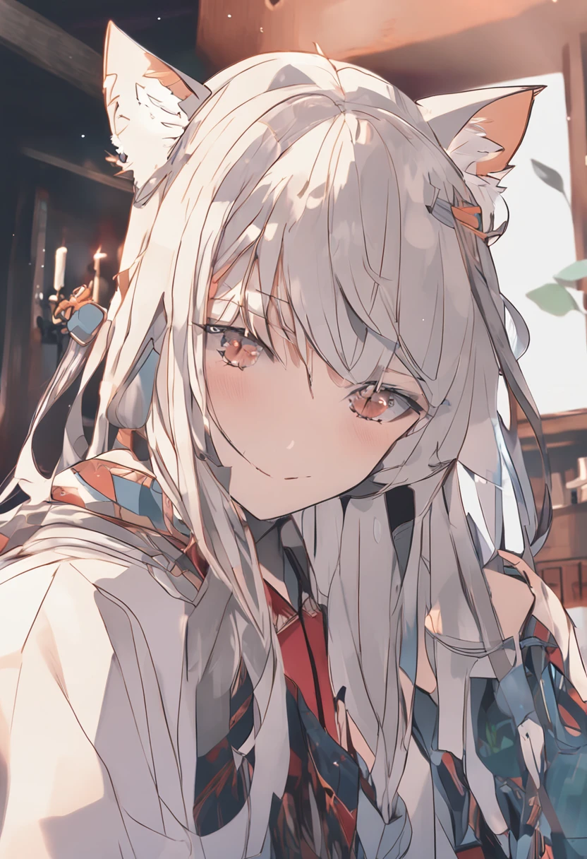 Beautuful Women,quadratic element,style of anime,long whitr hair,largeeyes,head portrait,holding cat,inside in room,
