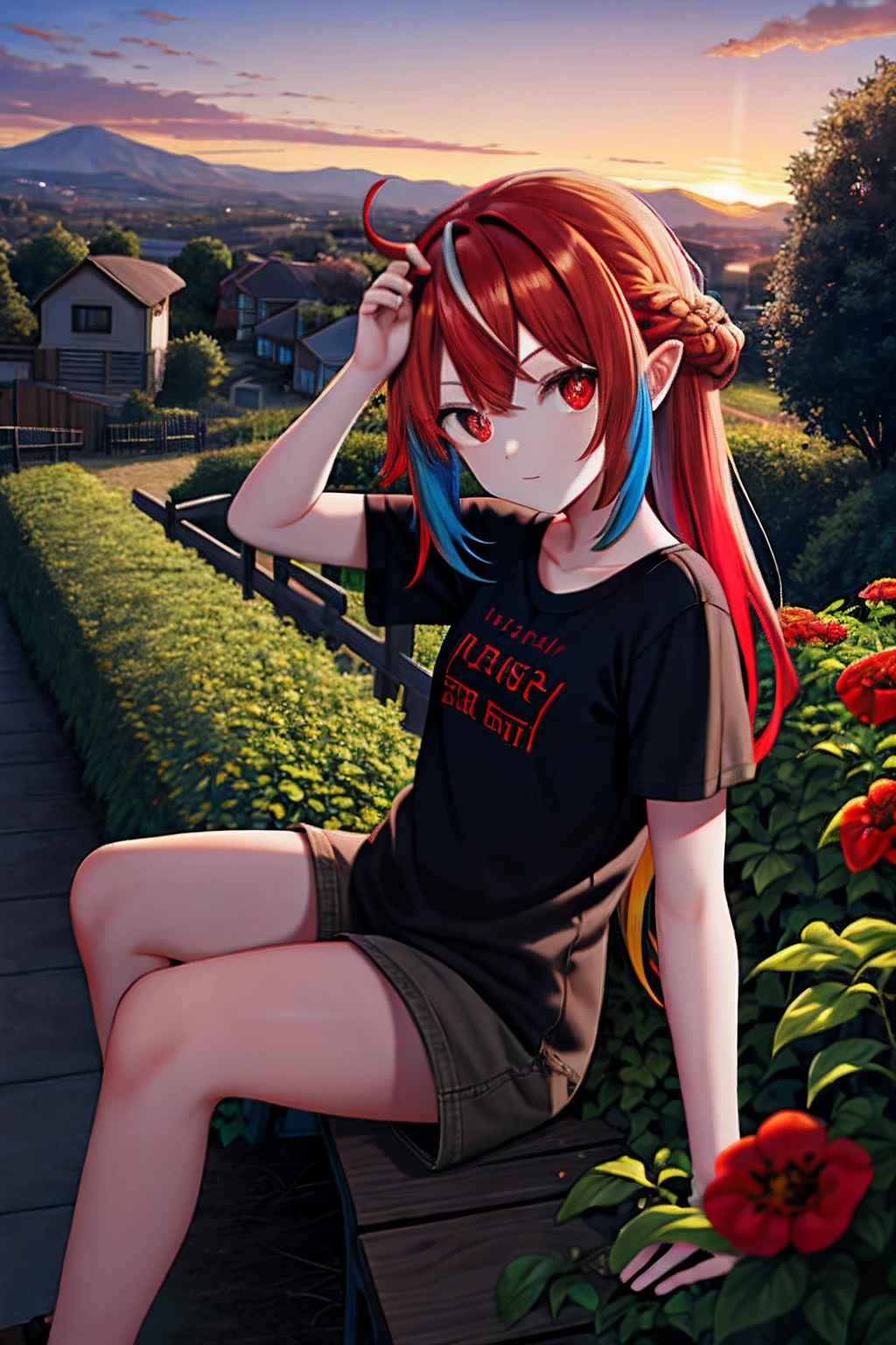 Masterpiece, Best quality,1girll,multicolored hair,Arm at side,Red eyes,Outdoors,bench,bushes,vine yards,Sunset,view the viewer