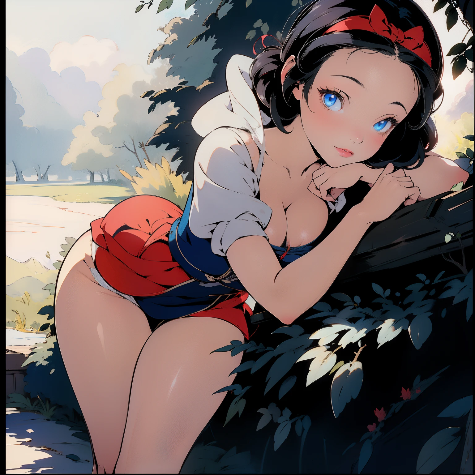 (masterpiece, best quality), beautiful girl, 
snow white, lying, (detailed beautiful eyes) medium body shot, short black hair, red ribbon, big breasts, cleveage, white panties, ultra detailed blue eyes,