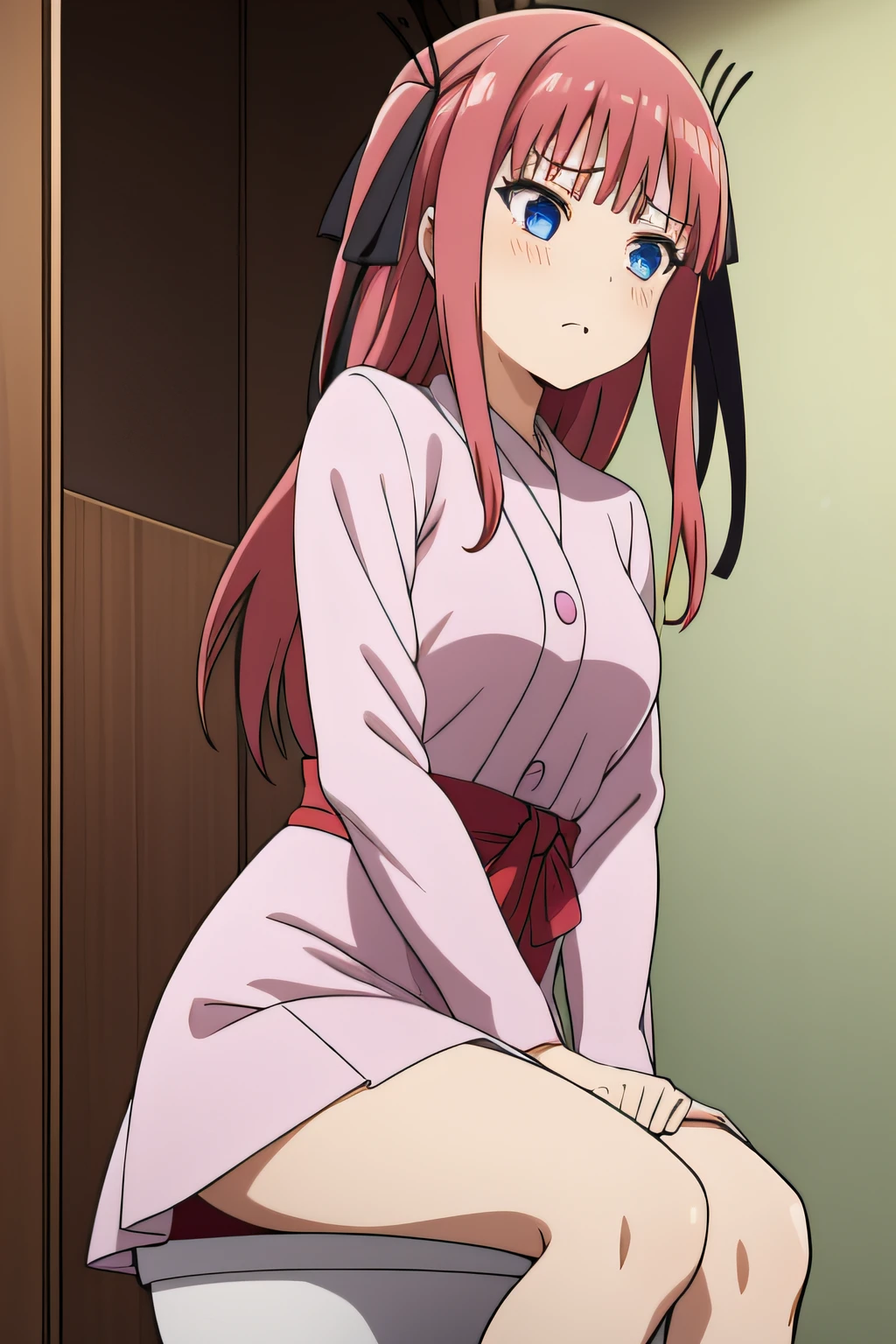 Futano Nakano(The Bride of Fifths)、1girl in, masterpiece、top-quality、NSFW, pissing, vagina, toilet,