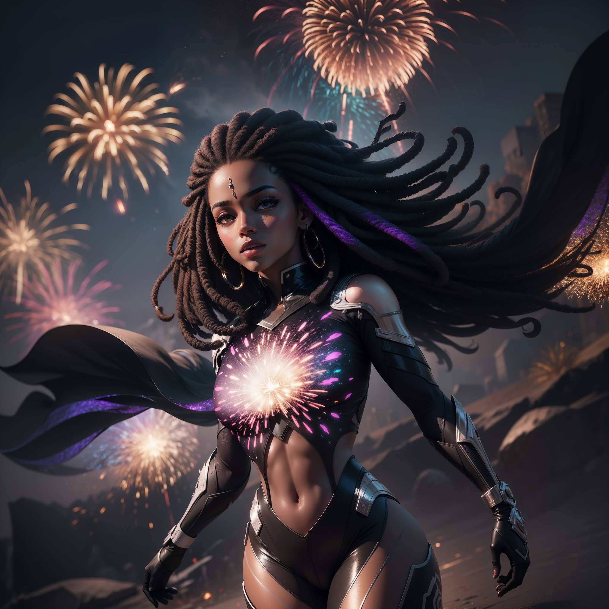 A transparent black nubian woman floating in the sky surrounded by fireworks reflecting on her body, dark clouds moving around her, with iridescent light, highly detailed images, vibrant beautiful colours, photorealistic image, 8k, ultra HD, unreal engine rendered, cinematic lighting, artgerm style,