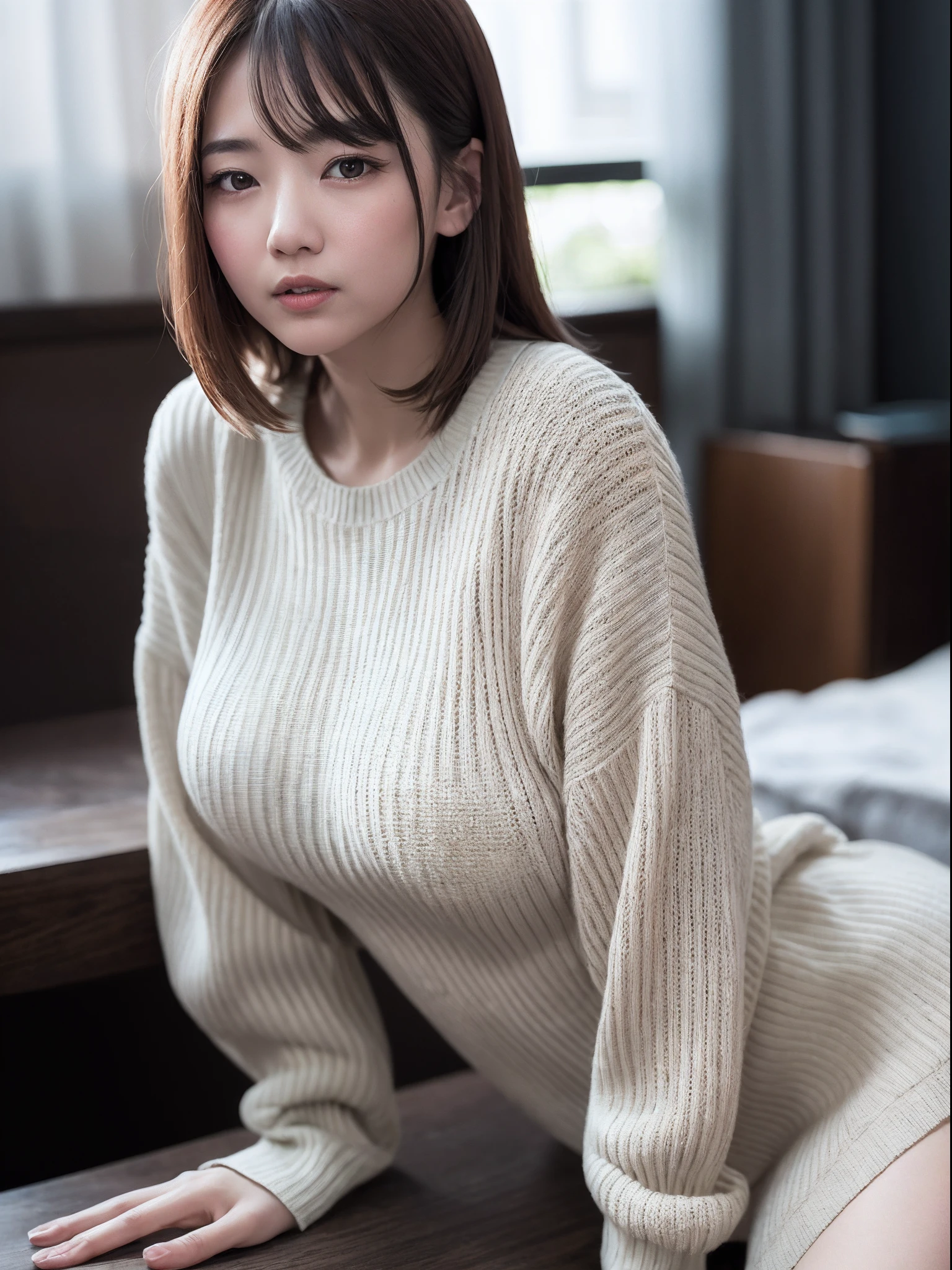 Asian woman in light beige tight sweater、Sitting on a plump big bed, Tight knitted sweater, Sweater with a beautiful body line, Super huge, Huge lateral chest, Large lower milk, Large cleavage, Chest sticks out, Show pink bra, Gorgeous Japan, Korean Girl, Beautiful Asian, gorgeous chinese model, beautiful Korean women, sitting on a bed, Open V chest clothes, Engaging pose, Ultra-realistic capture, Highly detailed, 8k RAW photo, 超A high resolution