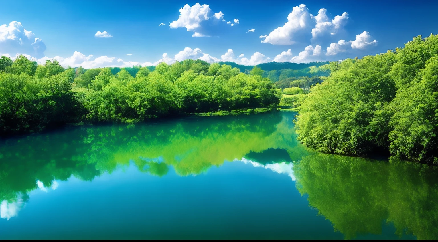 scenecy, exteriors, Skysky, Clouds, daysies, No Man, mont, in a panoramic view, Eau, The tree, blue-sky, naturey, Lake, flod, mostly cloudy sky,(blue-sky,Green trees,Green meadows,Lake surface)