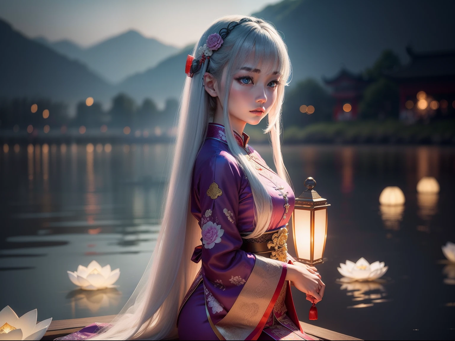 Chinese Ghost Festival，Middle Metaverse，The mysterious aura of ghosts,the night，deep in the night，There is moonshine，The background is the river，Palace lamps in the shape of lotuses float on the water，A woman in Chinese clothing kneels by the river，Looking out over the water，The expression was melancholy，4K Ultra HD, 超高分辨率, (Photorealistic: 1.4), Best quality，Masterpiece，Utra dilution，Fashion model 18 years old [[[[closeup cleavage]]]], [[[[boobgasm]]]], [[[[coll]]]], [[[[bshoulders]]]], perfect  eyes, Perfect iris，Perfect lips，perfect teeth，Perfect skin，with fair skin，Soft front light，hdr，Movie girl，long whitr hair，（pastel colour：1.2）