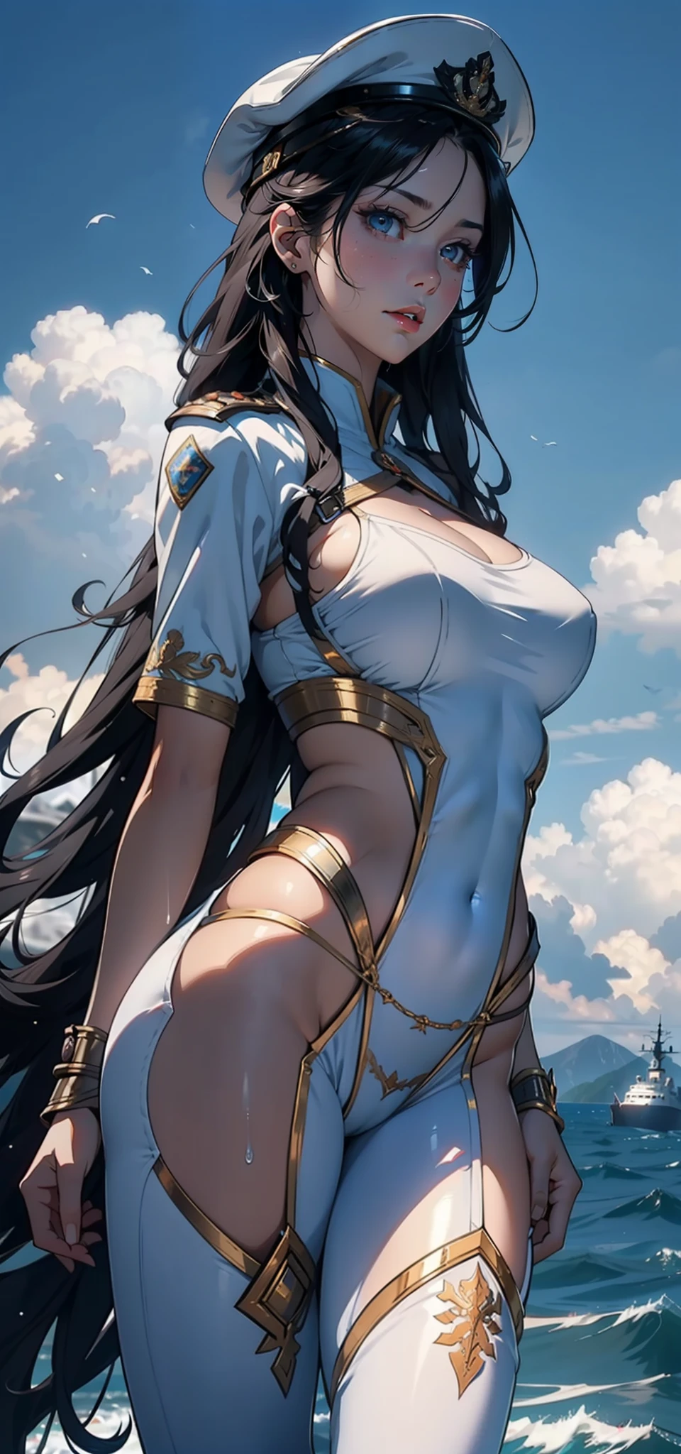 1womanl,33yo,熟妇,Bigchest,Raised sexy,Pornographic exposure, 独奏,Beauty contests,standing on your feet(Background with:the sea,snow mountains,warships,at winter season,Blizzarding,Big snowflakes)On warships, with his long black hair,Long hair flutters in the wind,dynamicposes,Sweat profusely,drenched all over the body,seen from the front, hair straight, mostly cloudy sky,(((tmasterpiece),(Very detailed CG unity 8K wallpaper),best qualtiy,cinmatic lighting,detailed back ground,beatiful detailed eyes,Bright pupils,(Very fine and beautiful),(Beautiful and detailed eye description),Blue eyes,Redlip,ultra - detailed,tmasterpiece,)),facing at camera,(The upper part of the body),A high resolution,ultra - detailed),revealing breasts,Bare genitalia, Bulge,legs are open,sexyposture,Camel toes,Flushed complexion,Open-mouthed,frontage,British officer,Officer's cap,(Wearing:White cloak,down jacket,White winter officer uniform,Sexy leggings,Armour,Gold wire embroidery,Snowflake decoration)
