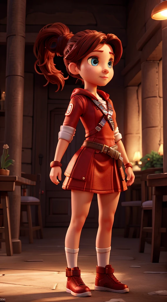 (extremely detailed CG unity 16k wallpaper:1.1), (Denoising strength: 1.45), (tmasterpiece:1.37), dnd character, Full body internet girl with ponytail. Bright red indicates that she is an online girl. Clothes like Tomb Raider, But there are skirts. She also has blue eyes. The environment is similar to a terminator. Hair is black. Her face is illuminated by the bright red color on one side of the face. Like LEDs.  And both hands also have LED lights.