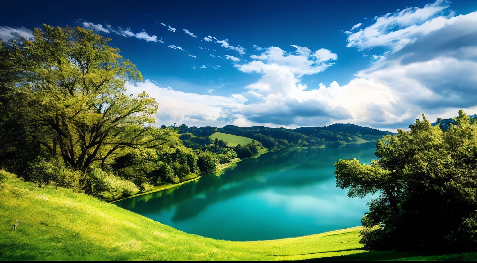 scenecy， exteriors， Skysky， Clouds， daysies， No Man， mont， in a panoramic view， Eau， The tree， blue-sky， naturey， Lake， flod， mostly cloudy sky，（blue-sky，Green trees，Green meadows，Lake surface）