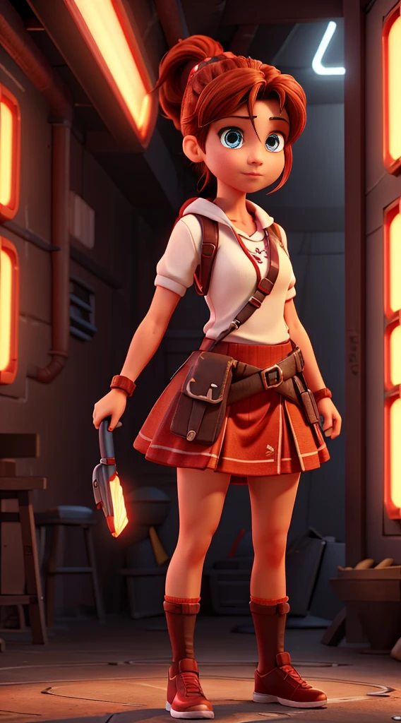 (extremely detailed CG unity 16k wallpaper:1.1), (Denoising strength: 1.45), (tmasterpiece:1.37), dnd character, Full body internet girl with ponytail. Bright red indicates that she is an online girl. Clothes like Tomb Raider, But there are skirts. She also has blue eyes. The environment is similar to a terminator. Hair is black. Her face is illuminated by the bright red color on one side of the face. Like LEDs.  And both hands also have LED lights.