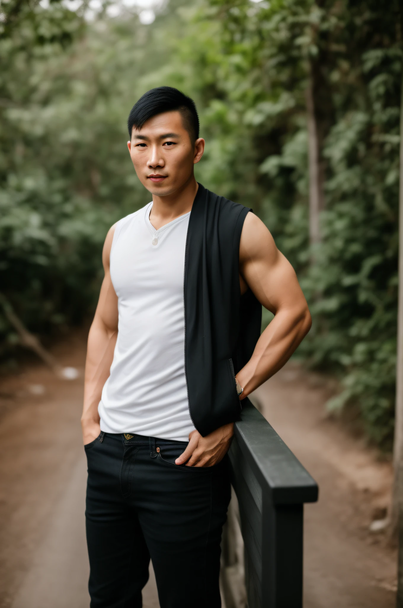 RAW photo, subject, 8k uhd, dslr, soft lighting, high quality, film grain, Fujifilm XT3, man, Asian, Vietnamese, tall, muscular, muscular, dark hair, 30 years old, piercing black eyes , simple clothes, behind is Da Lat city