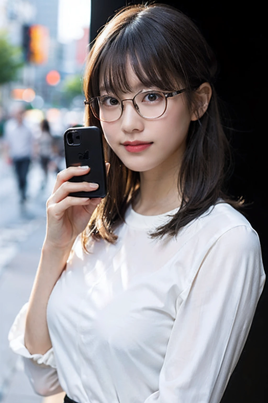 (8K、Raw photography、top-quality、​masterpiece:1.2)、(realisitic、Photorealsitic:1.37)、ultra-detailliert、超A high resolution、女の子1人、see the beholder、beautifull detailed face、A smile、Constriction、(Slim waist) :1.3)、((White shirt clothes))、Beautiful detailed skin、Skin Texture、Floating hair、((Hair bunched into one))、large breasts with good shape、Professional Lighting、In front of the station at noon、((Black square glasses))、Whole human body、Brown hair、((Holding your phone on the phone))、