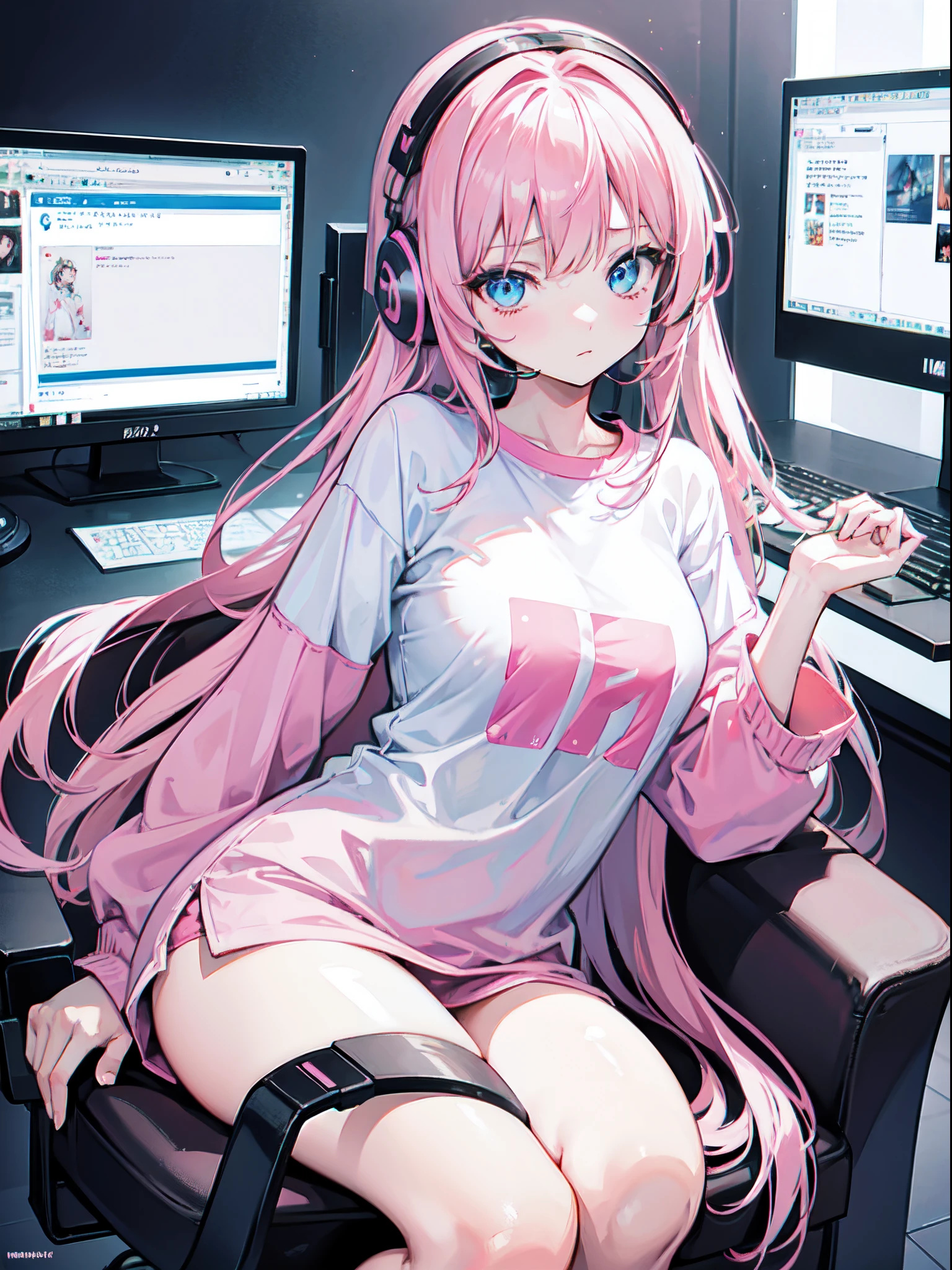 Anime girl, 1 girl,blue eyes, wearing a plain pink oversize t-shirt, wearing a gaming headset, sitting in gaming chair, pink, pastel pink and white, messy pink and white hair, wearing stockings, glossy skin, utrasharp, 8k resolution, centered, intricate detail, masterpiece, looking at the viewer, half body shot, captured in high resolution camera, digital illustration, hand drawn digital art