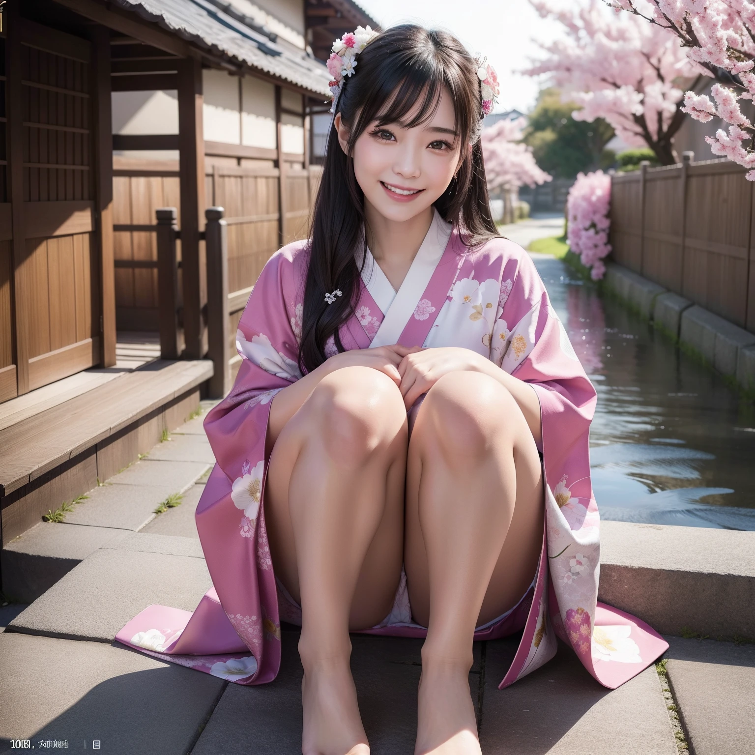 8K、top-quality、超A high resolution、1人の女性、Kimono、A dark-haired、A smile、Dense face、Official art、dynamicposes、8K Picture Wallpaper、professional photograpy、Sharp Focus、japanes、Laughing、A slight smil、Beautiful feet