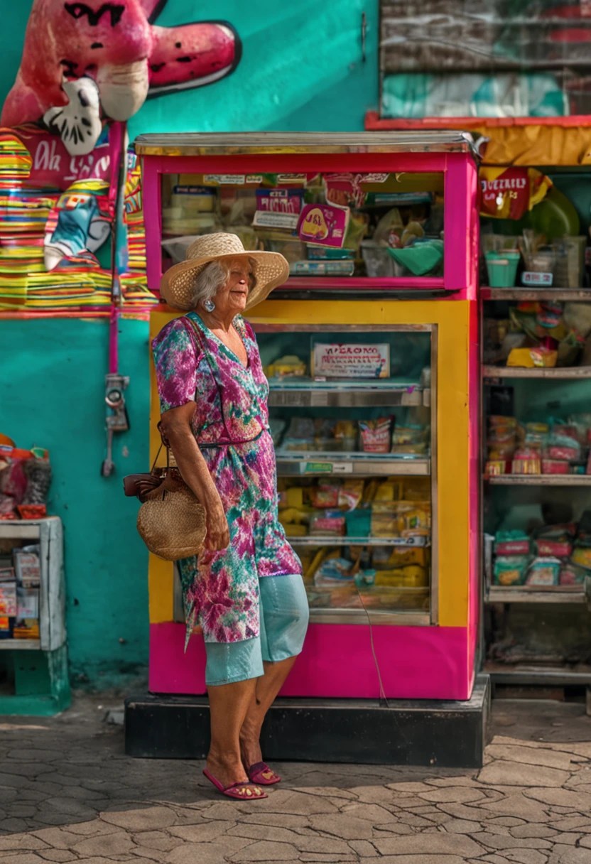(melhor qualidade) homem velho colorido. mulher branca em frente a uma sorveteria segurando um telefone