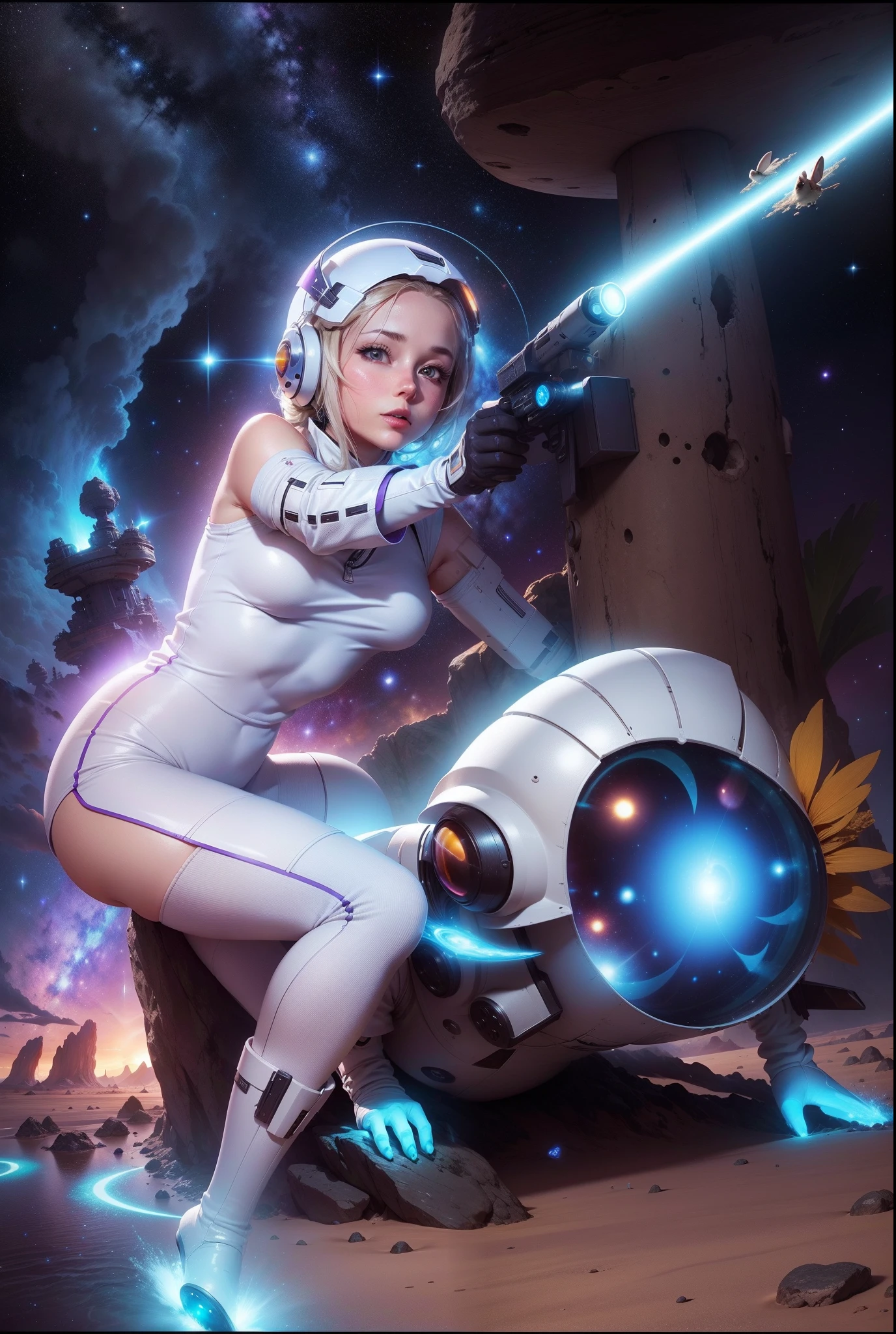 a fluffy white space-bunny, helmet on lands on a desert planet, holding out a laser gun shooting at danger, her spaceship looks like a sunflower seed, there is a faint blue Saturn-like planet in the evening sky, all the stars are out in the purple orange alien sky, strange small trees adorned with colorful seed pods chime and jingle, winds blow the musical sounds to our bunnies perked ears, small creatures scurry among the rocks, colorful bird-like creatures fill the sky, an alien civilization is seen on the distant horizon, small lakes and streams pool nearby, 64k resolution, photorealism, hyperdetailed, in the style of pinup art
