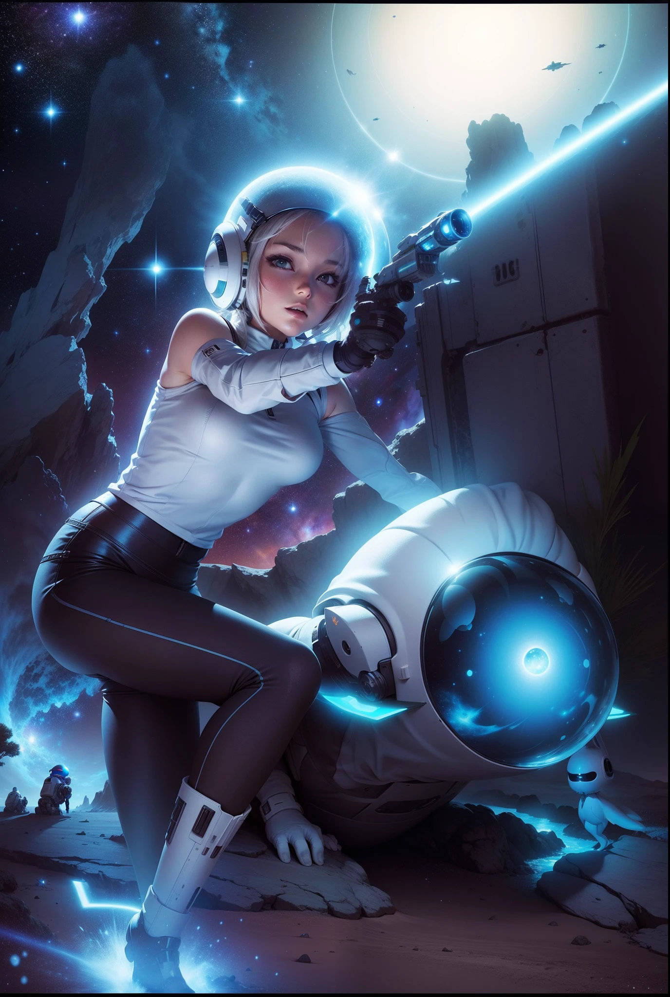 a fluffy white space-bunny, helmet on lands on a desert planet, holding out a laser gun shooting at danger, her spaceship looks like a sunflower seed, there is a faint blue Saturn-like planet in the evening sky, all the stars are out in the purple orange alien sky, strange small trees adorned with colorful seed pods chime and jingle, winds blow the musical sounds to our bunnies perked ears, small creatures scurry among the rocks, colorful bird-like creatures fill the sky, an alien civilization is seen on the distant horizon, small lakes and streams pool nearby, 64k resolution, photorealism, hyperdetailed, in the style of pinup art