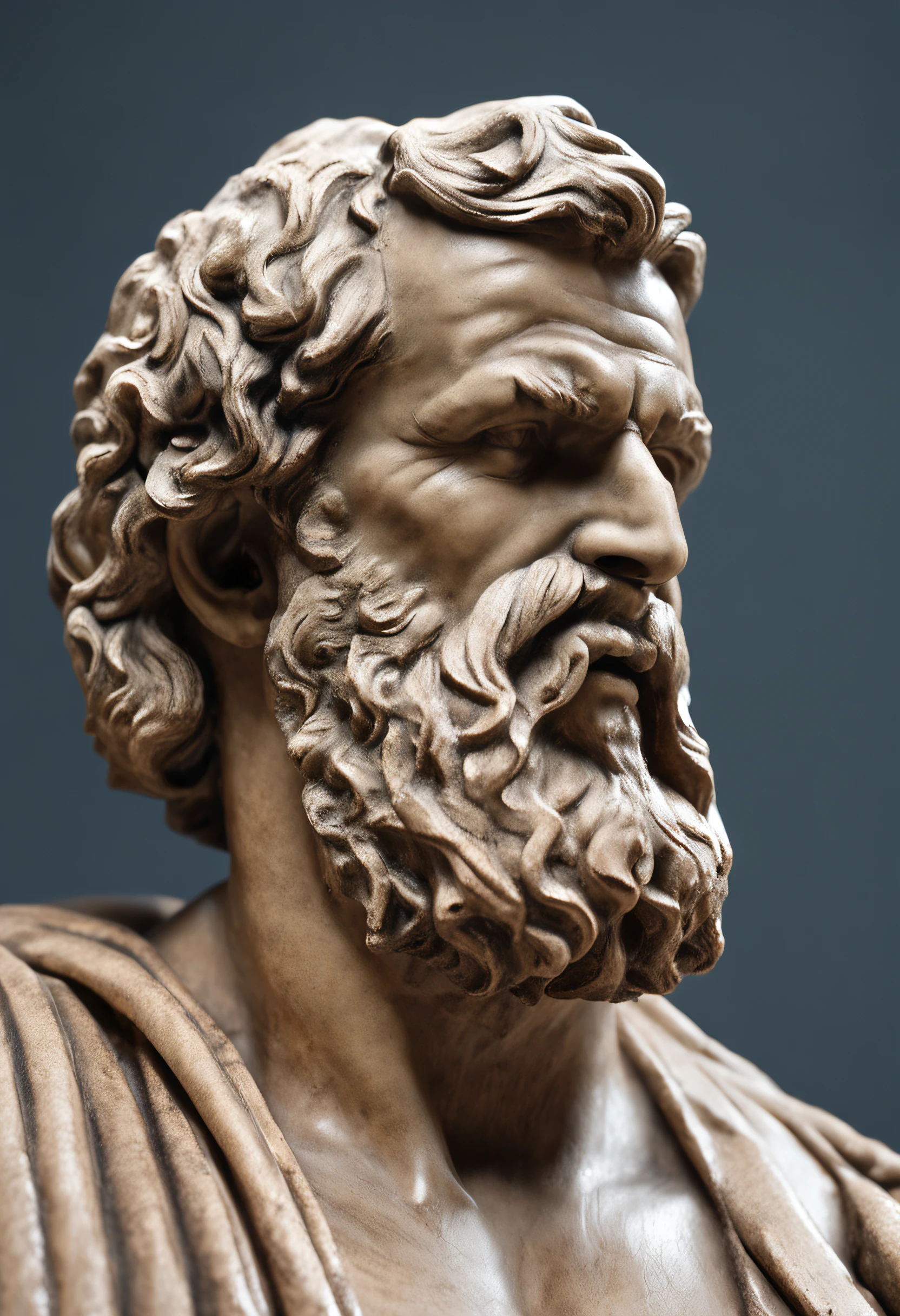 I need a specific image of a sculpture depicting a middle-aged, muscular man with a strong and expressive face, sporting a beard, and dressed in Greek-style clothing. The sculpture should convey an aura of wisdom and confidence. Please provide a detailed description of the ideal sculpture, emphasizing a dark background and conveying a sense of serenity and wisdom in the style of the Stoic Greeks. Ensure the response is detailed, clear, and well-structured to accurately meet these specifications