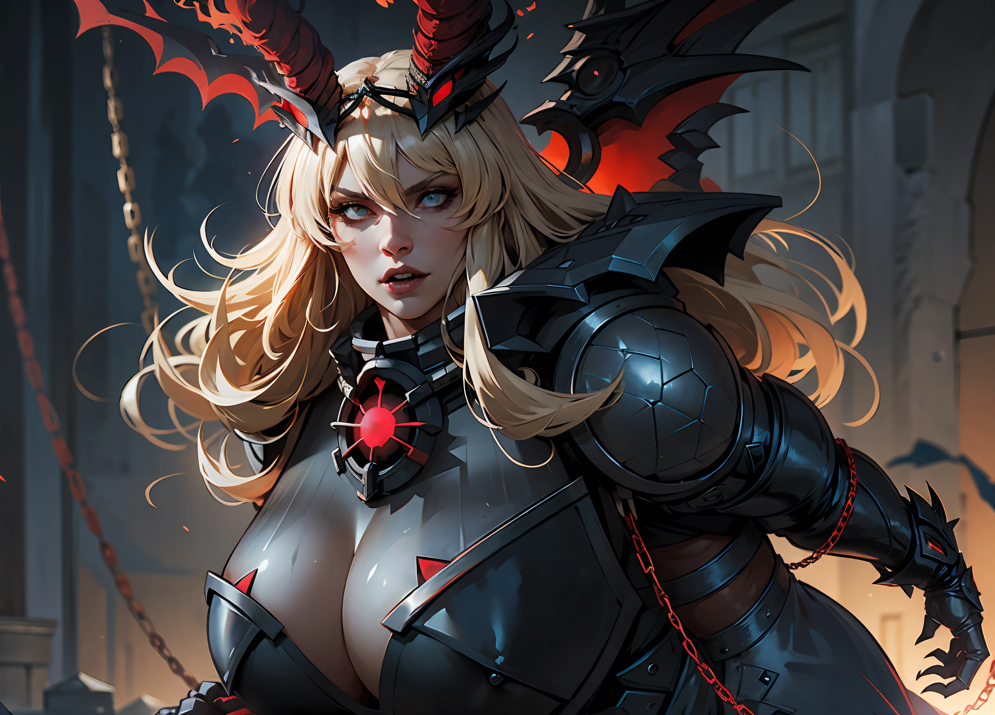 Fairy Gawain Knight (destin), BarghestStage3, 1fille, cheveux blonds, heterochromia, chain, yeux rouges, cheveux longs, Pauldrons, gros seins, shoulder armor, Yeux scarlets, Cornes, armure, seulement, Regarder le spectateur, black sclera, frange, clivage, mailbox, colored sclera, Gantelets, sang, justaucorps, big breast, muscles, big muscles, gigantic breast, fangs, red eyes, crocs,
