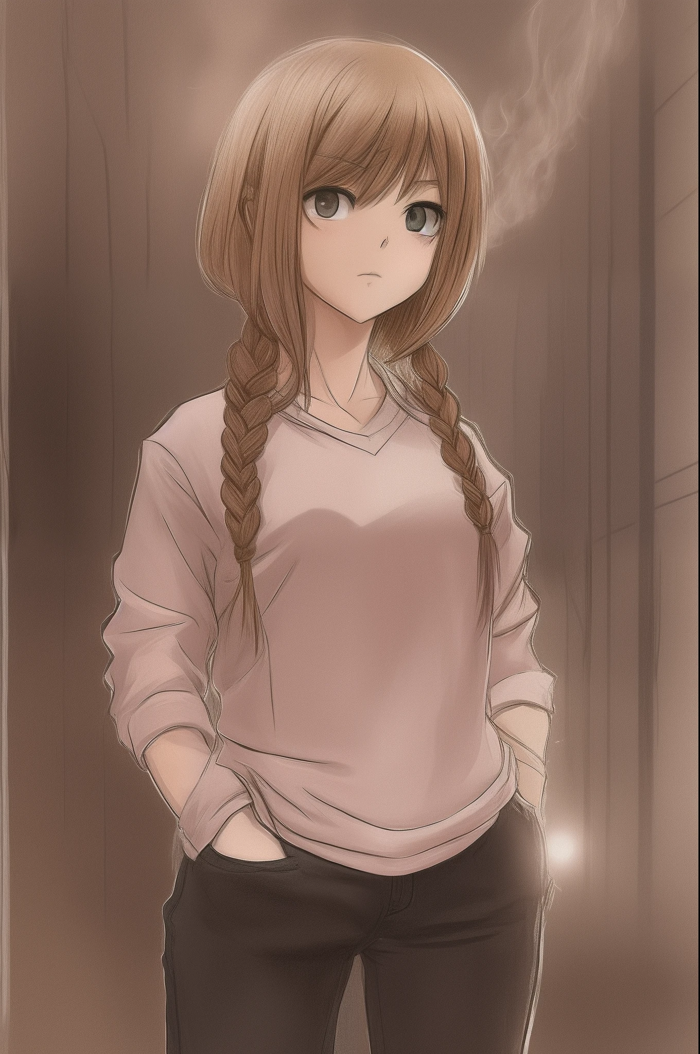 A portrait of a short-haired, blonde, delinquent high school girl standing in a warehouse with her hands in her pockets, smoking a cigarette and giving a glare, in anime art style --auto --s2