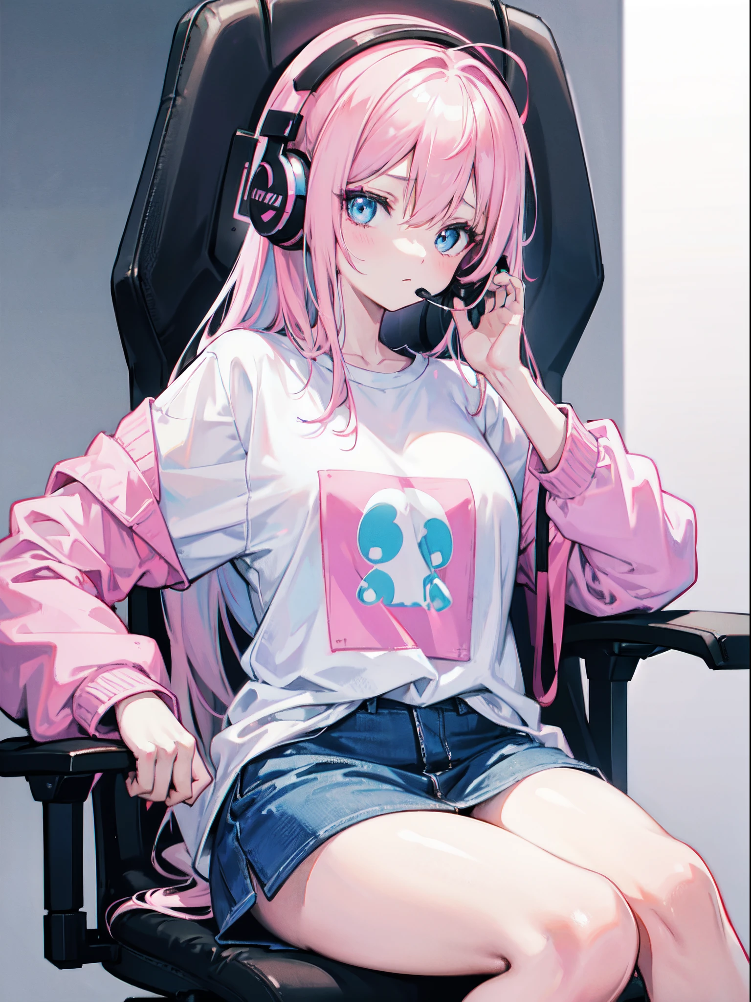 (masterpiece), (bestquality), (highlydetailed), (ultra-detailed), portrait of a cute elf girl,  (elf:1.1), (1girl), solo, half body, (sitting on gaming chair:1.2), extremely detailed beautiful face, blush, messy hair ponytail, parted bangs, (hair over one eye), pink eyes,parted lips, Long white t-shirt, (pink theme), Headphones, Cinematic lighting, (Depth of field:1.2), by artgerm, wadim kashin, Kawacy, Yusuke Murata.