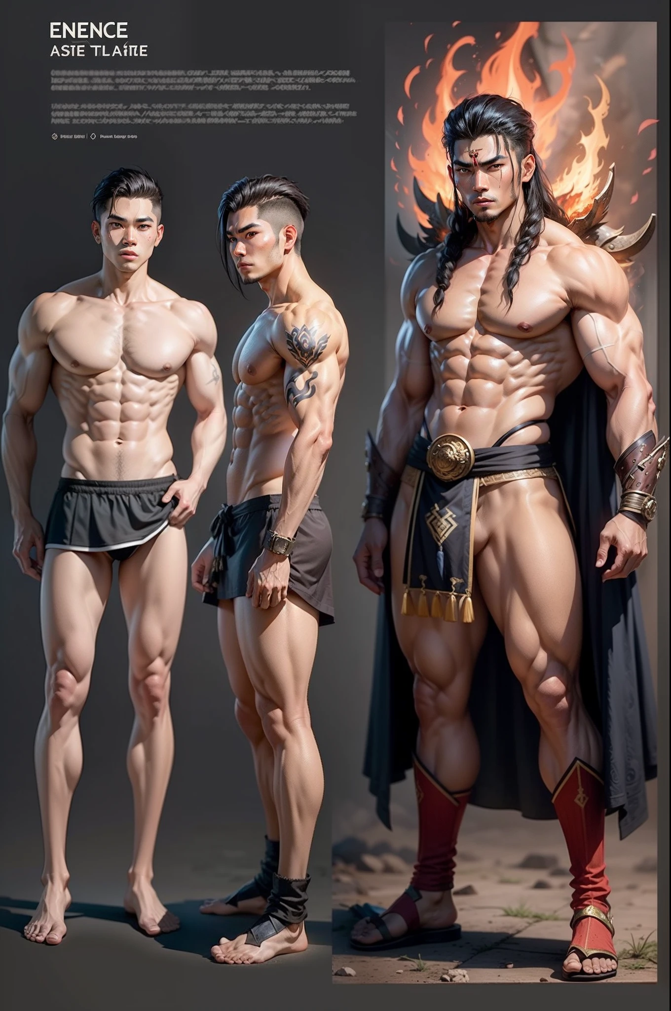 Asian Male Warrior Tribe God of Fire, folha de design de personagem, refer ence sheet, Diferentes poses, corpo muscular, cabelos longos brancos, different angles, plano de fundo simples, plano de fundo de uma cor, cabelo brancos