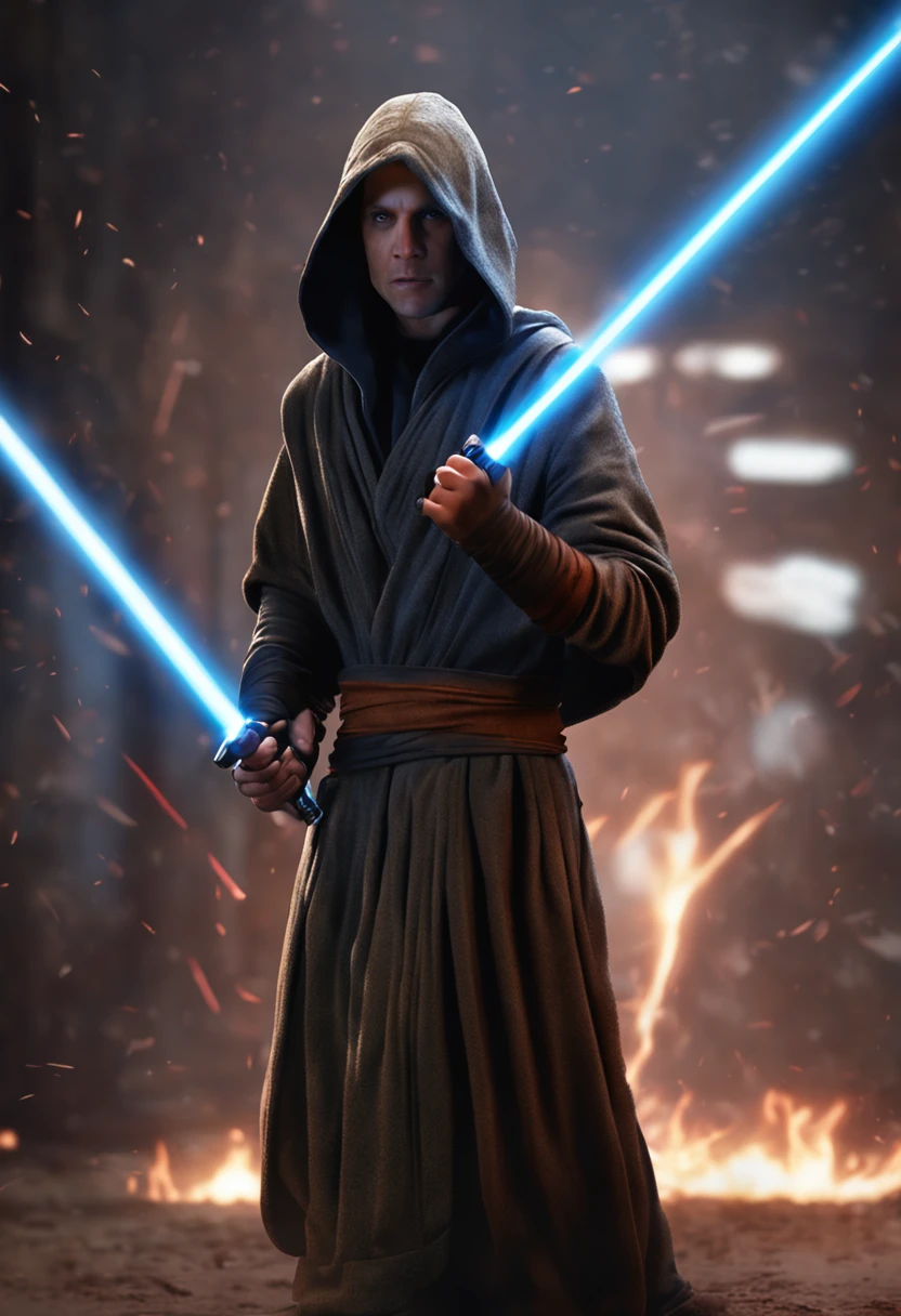 A young male human Jedi in fighting stance, one hand extended forward gripping an ignited blue lightsaber, the other hand extended back, wearing brown hooded robes and black boots. Detailed facial features, focused expression. Rendered in realistic CGI style of Star Wars franchise.