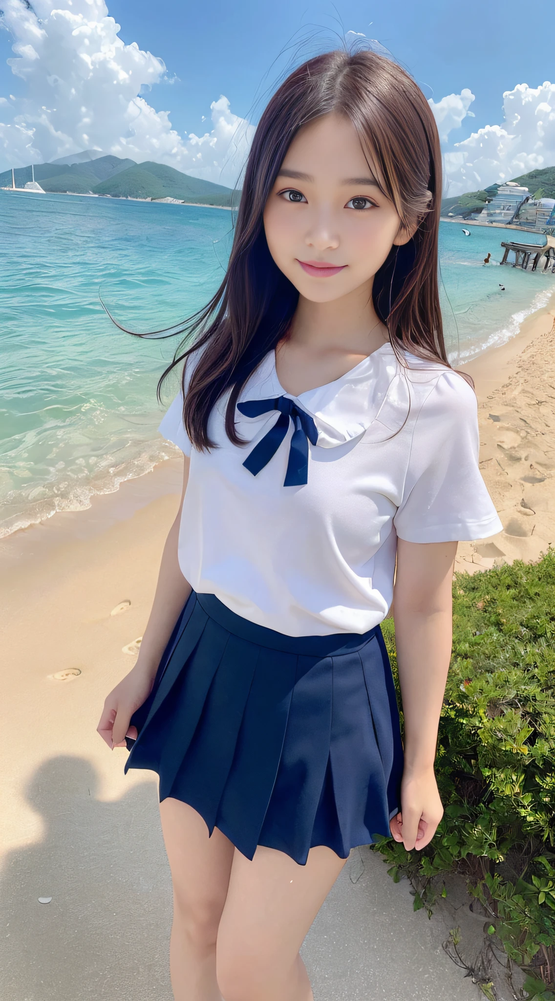 ultra highres,(reality: 1.4),highest quality, masterpiece, high detail, 16K quality, beautiful, 1 beautiful girl,japanese,super beautiful face,baby face,japanese idol face,cute face,super detailed face,detailed hand,beautiful skin,sweaty skin,big eyes,big smile,profeccional lighting,medium hair, black hair,brown beautiful eyes, white shirt,bowtie,brown checked skirt,standing,skirt lift,((wind lift:1.3)),(((show off panties))),((white panty)),medium breasts,she is looking at the camera,beach,blue sky, beautiful blue ocean,nsfw,from front,