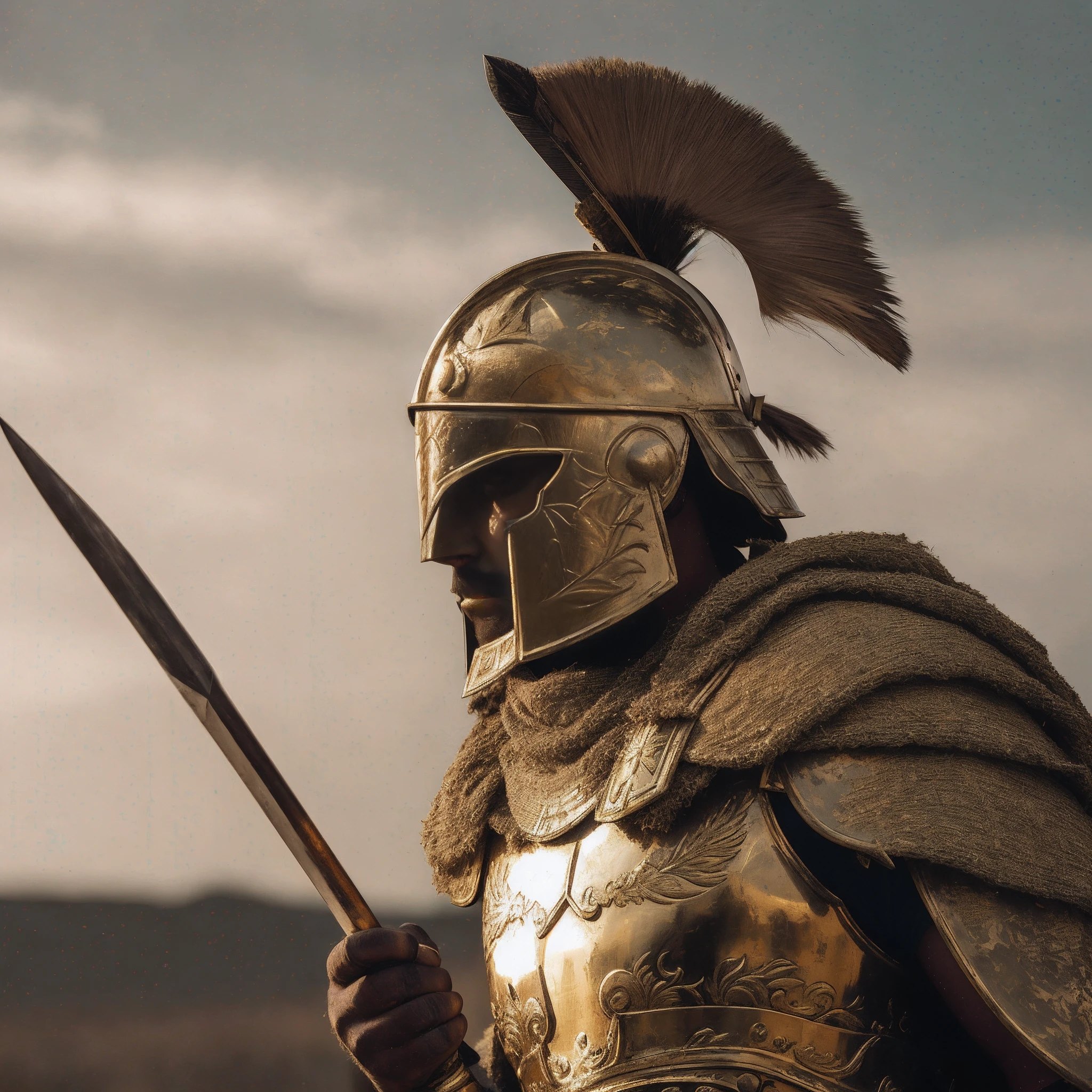 Man in helmet and armor holding a spear, vestido com armadura eEspartanoa, Soldado antigo, em armadura de bronze grossa completa, vestido com armadura romana, guerreiro eEspartanoo, roman centurion, guerreiro blindado, vestido com armadura de batalha antiga, guerreiro antigo, armadura eEspartanoa, Armadura romana tradicional, Espartano, Armadura grega, armadura ornamentada grega antiga, Armadura grega de bronze