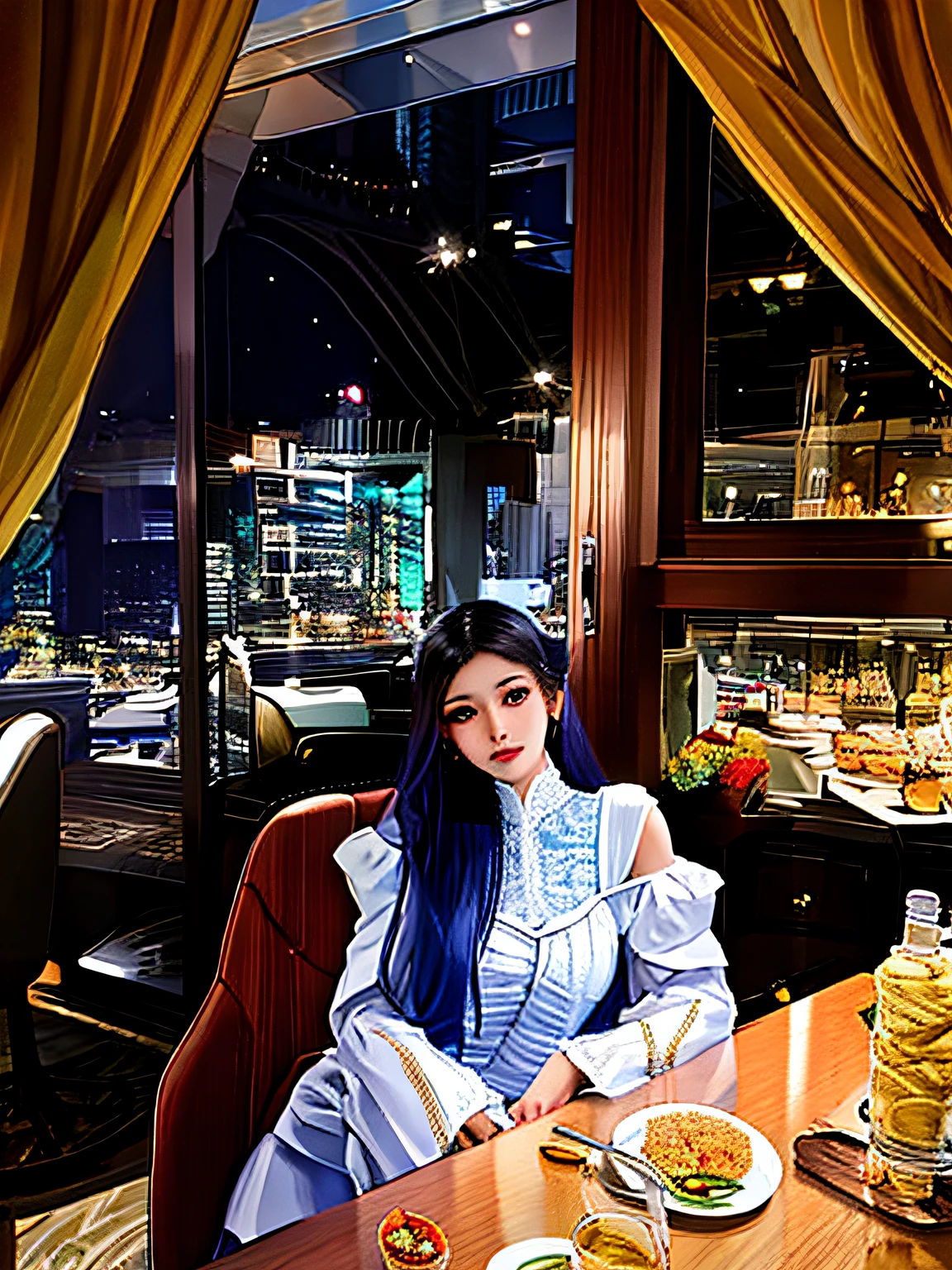 There was a woman sitting at the table，Carrying a plate of food, smooth white tight clothes suit, gorgeous chinese models, Gorgeous young Korean woman, High picture quality, beautiful Korean women, white silky outfit, long  white hair, Gorgeous lady, a beautiful woman in white aodai, with long white hair, wearing white clothes, taken in 2 0 2 0