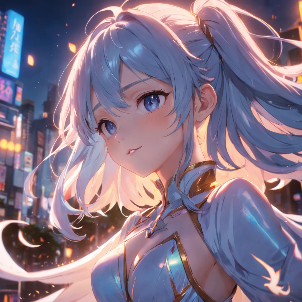 {{Masterpiece}}，Best quality at best，Very detailed CG unity 8K wallpaper，Sweet girl，The upper part of the body，Cover your hands，Bigchest，电影灯光，lens flare glow，beatiful detailed eyes，The color hair，Colorful light，particulate，（a color：1.5），（The color hair:1.5),perfect bodies，Perfect face，fashionable attire，clothes see-through，There is light in the eyes，Colored shiny spots，Sharp eyes，Smile sweetly，Blushlush，Beautiful face，perfect bodies