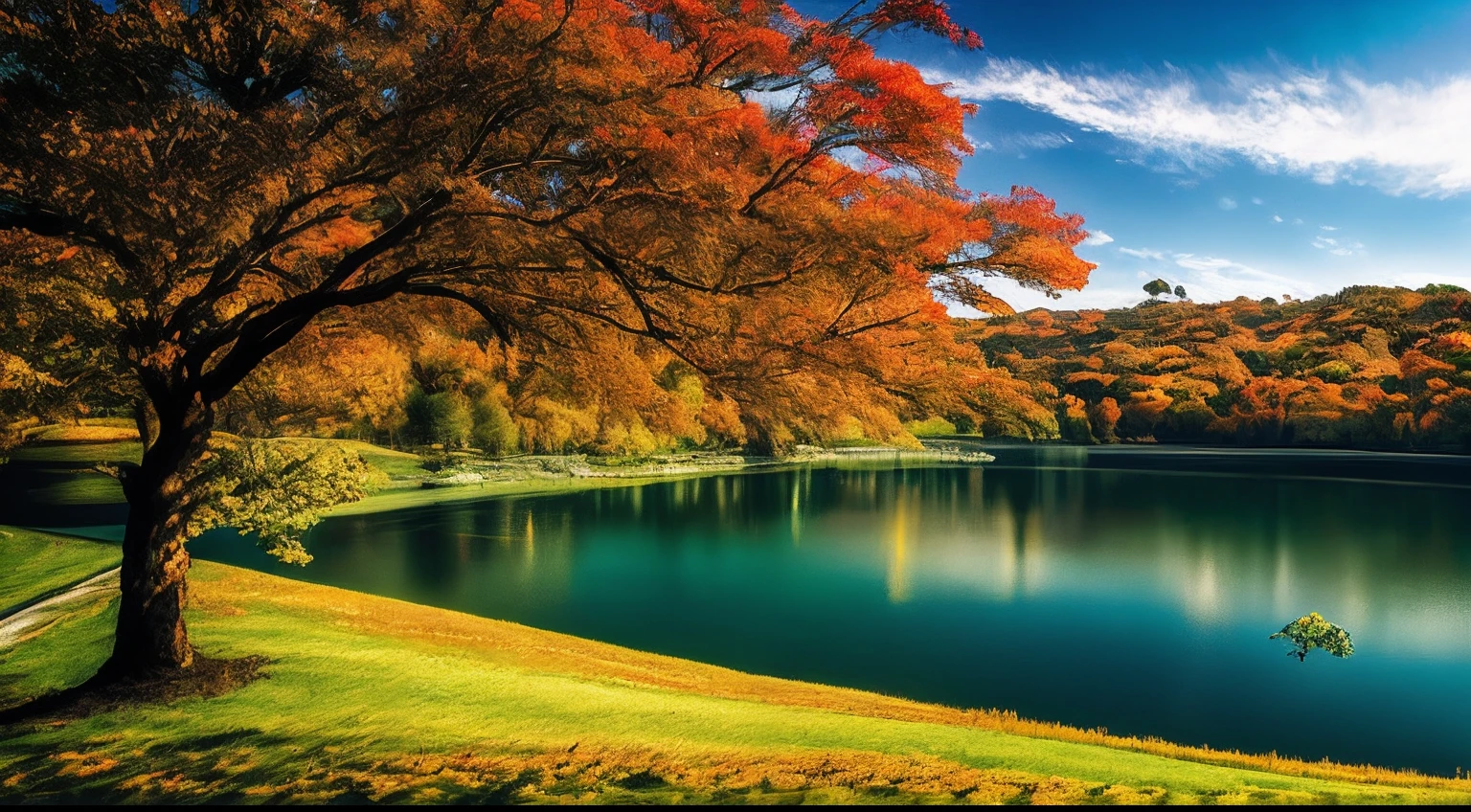 scenecy， exteriors， Skysky， Clouds， daysies， No Man， mont， in a panoramic view， Eau， The tree， blue-sky， naturey， Lake， flod， mostly cloudy sky，（autumnal，maple leaves，Lake surface）